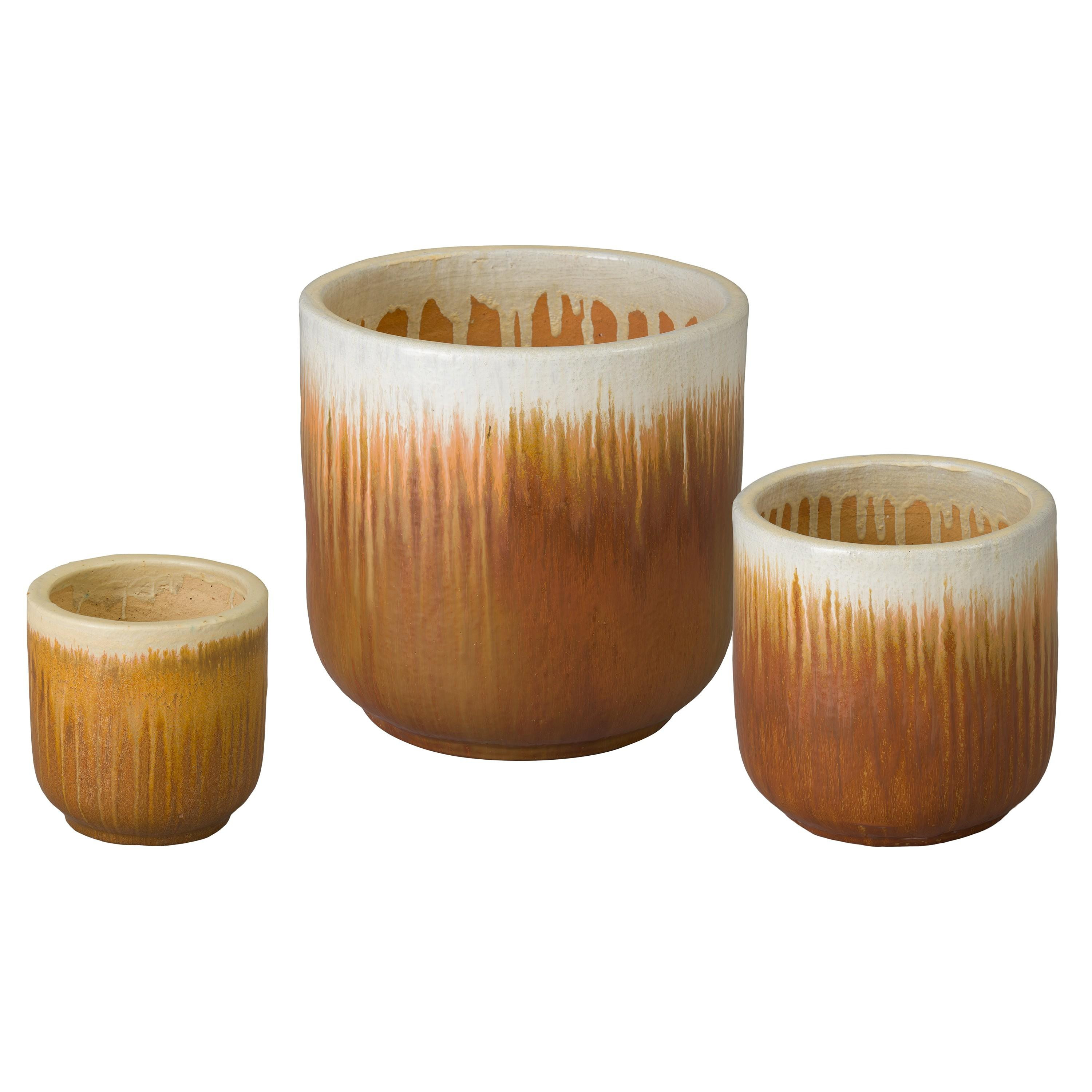 Barrel Set of 3 Round Amber Ceramic Planters