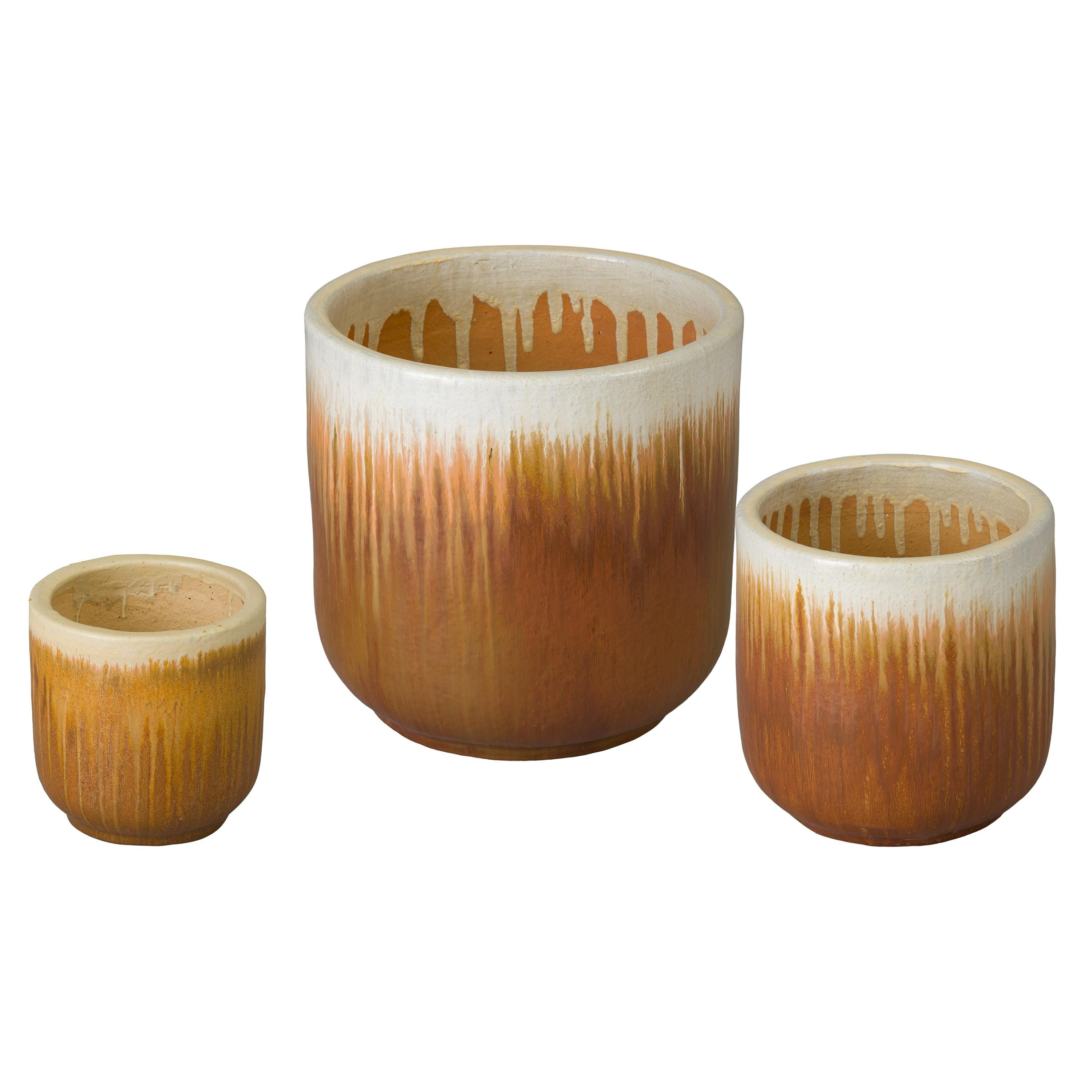 Barrel Set of 3 Round Amber Ceramic Planters