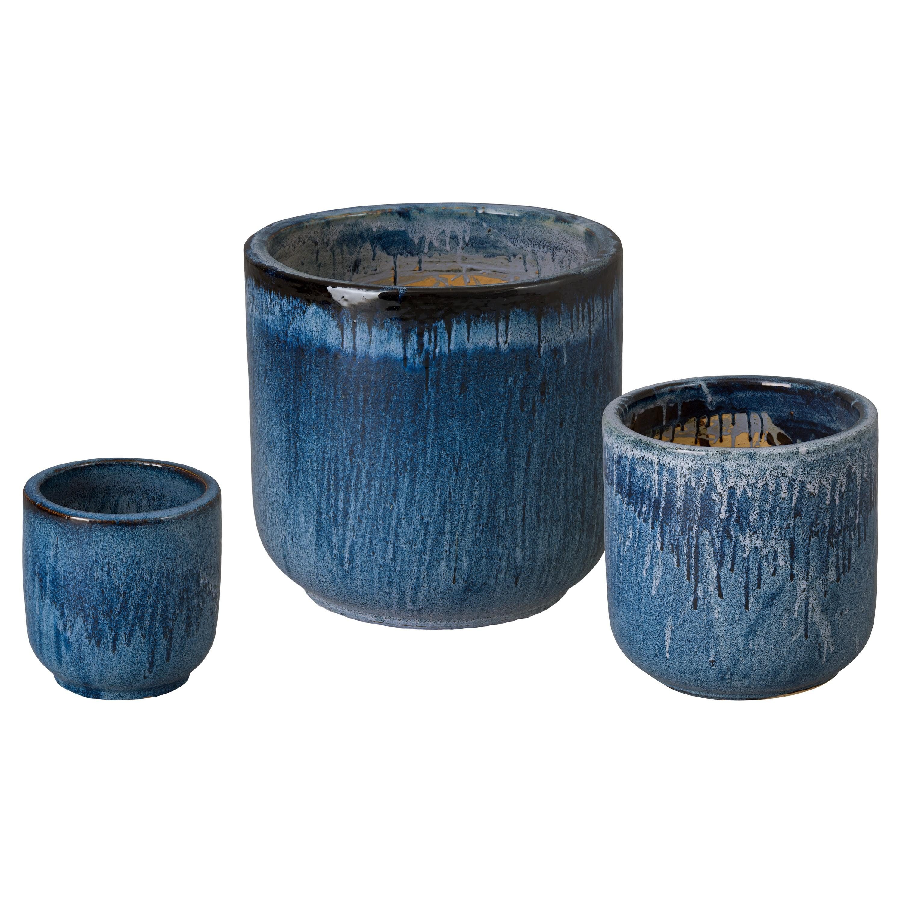 Barrel Set of 3 Round Quin Blue Ceramic Planters