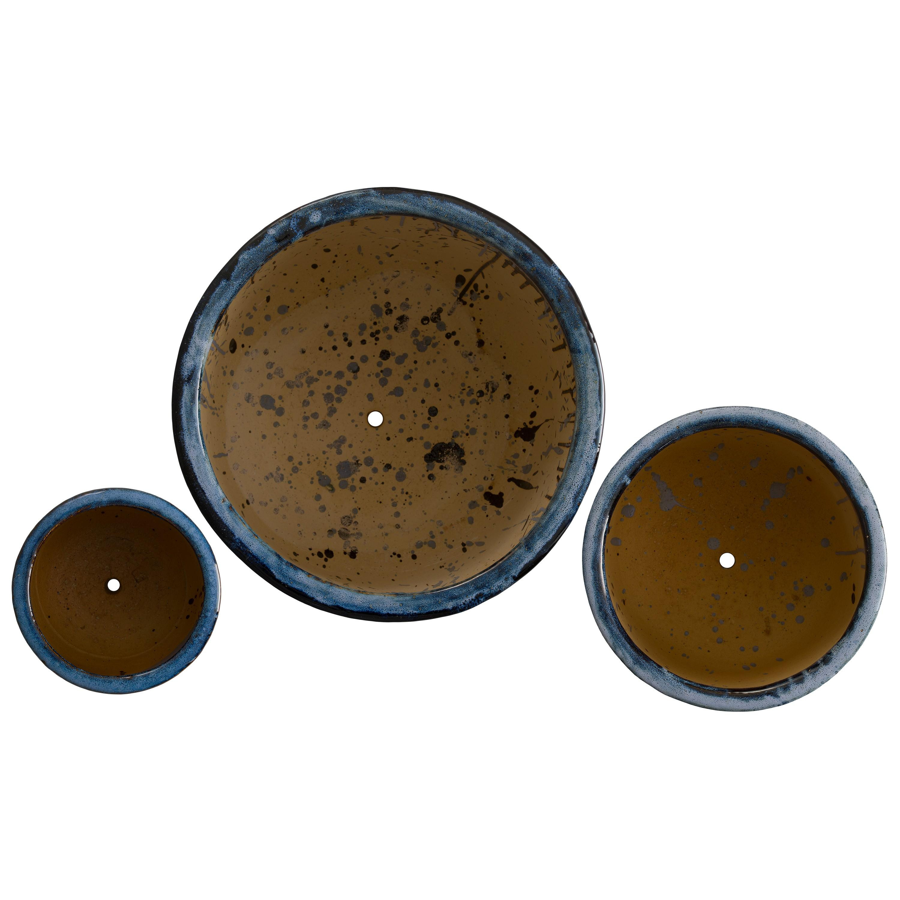 Barrel Set of 3 Round Quin Blue Ceramic Planters