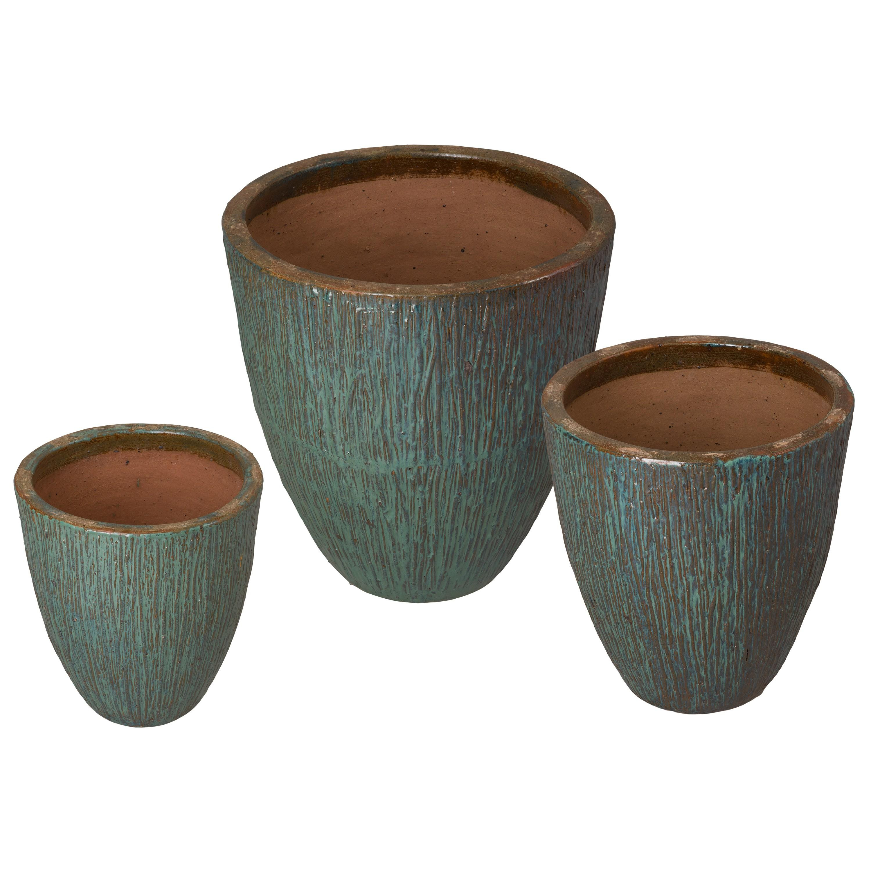 Ripple Set of 3 Round Teal Ceramic Planters