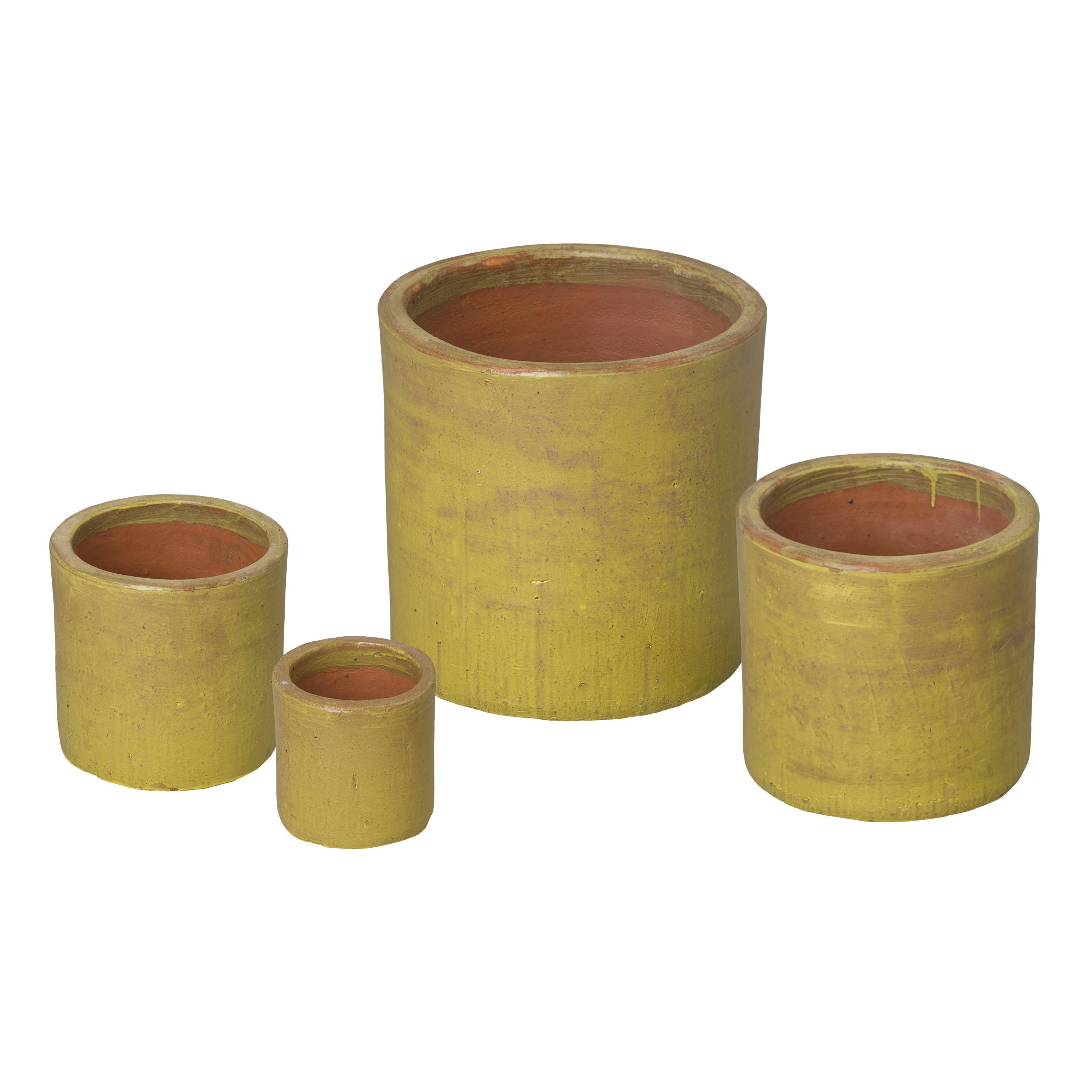 Set of 4 Round Cylinder Yellow Ceramic Planters