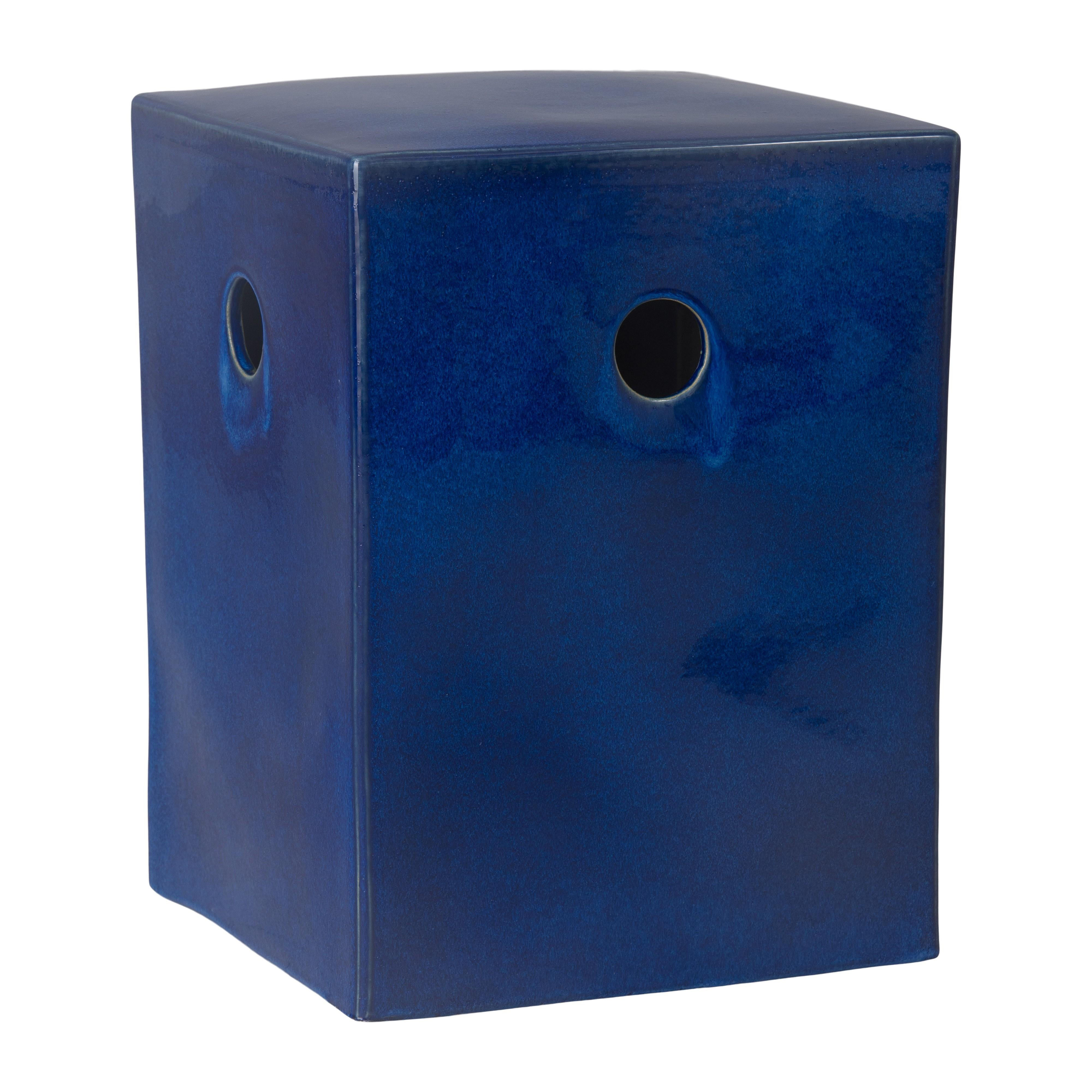 18 in. Square Blue Ceramic Garden Stool