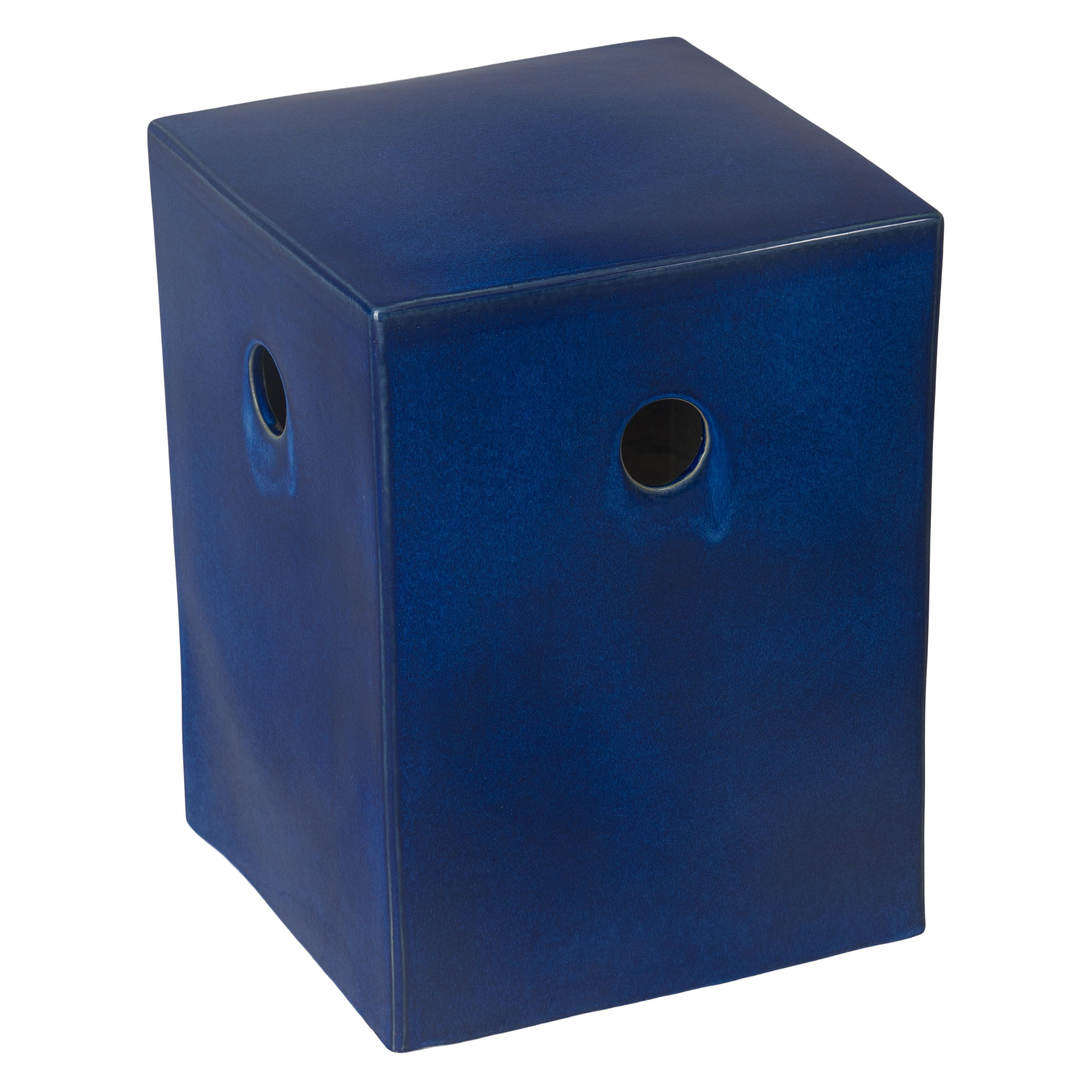 18 in. Square Blue Ceramic Garden Stool
