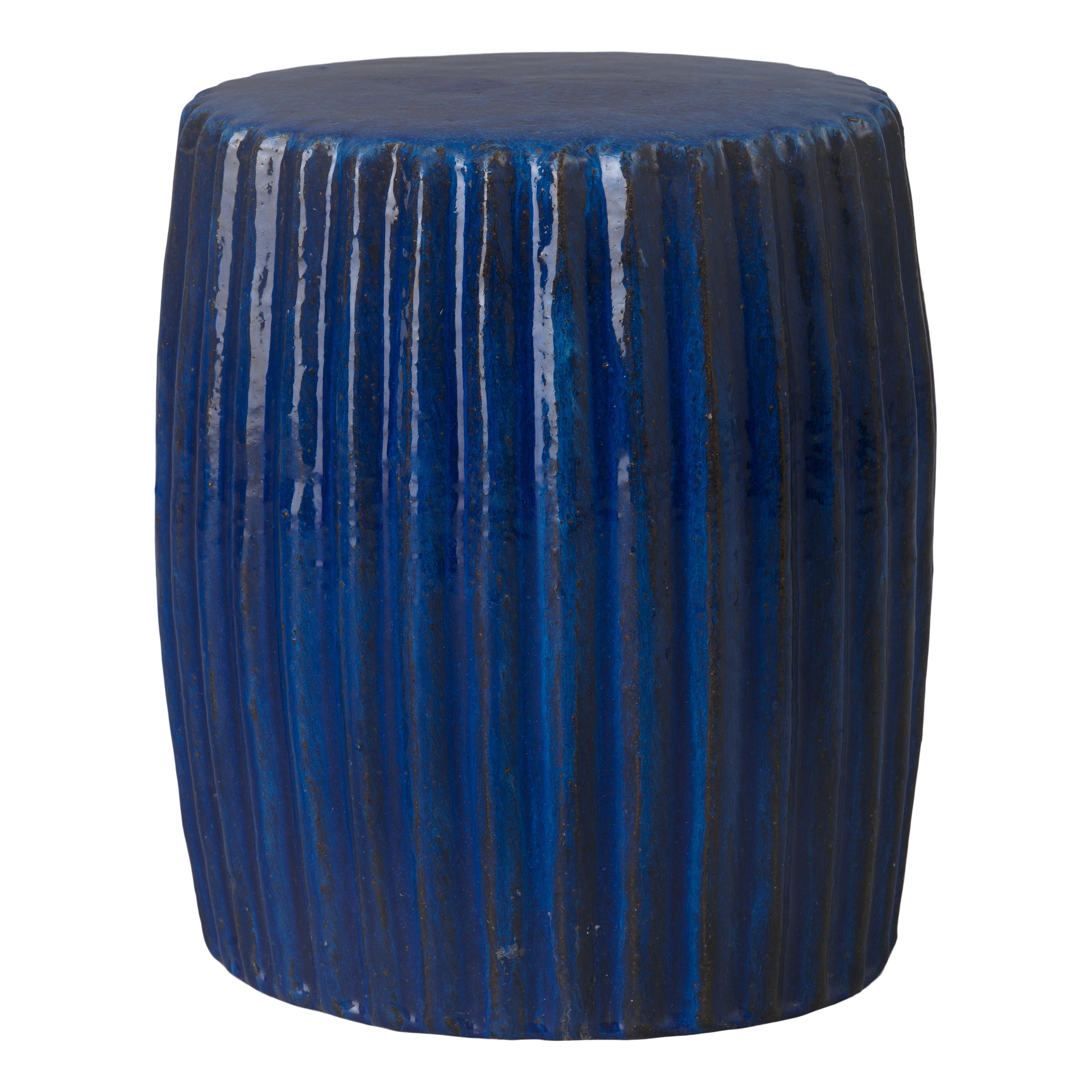 Pleated 18 in. Round Blue Ceramic Garden Stool