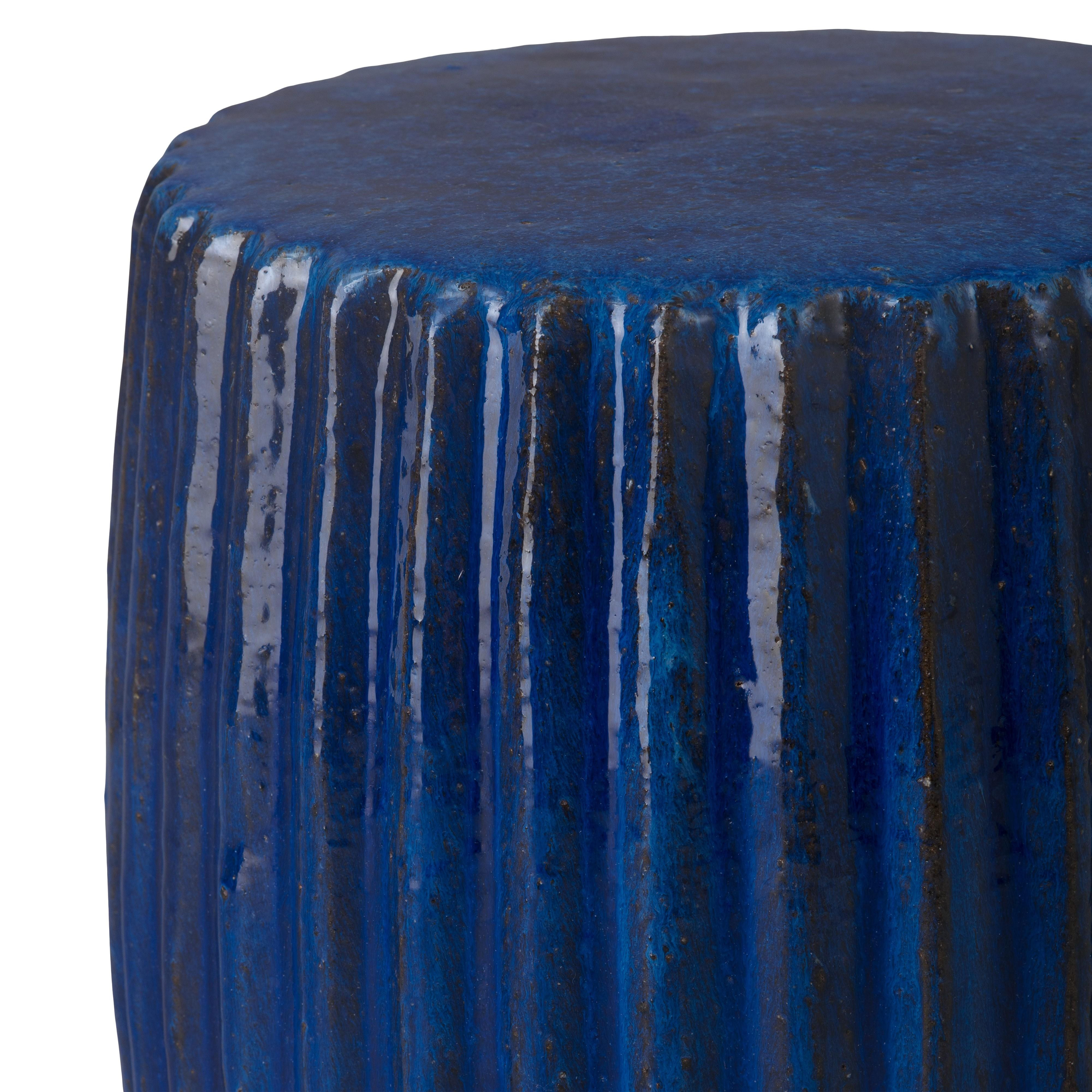 Pleated 18 in. Round Blue Ceramic Garden Stool
