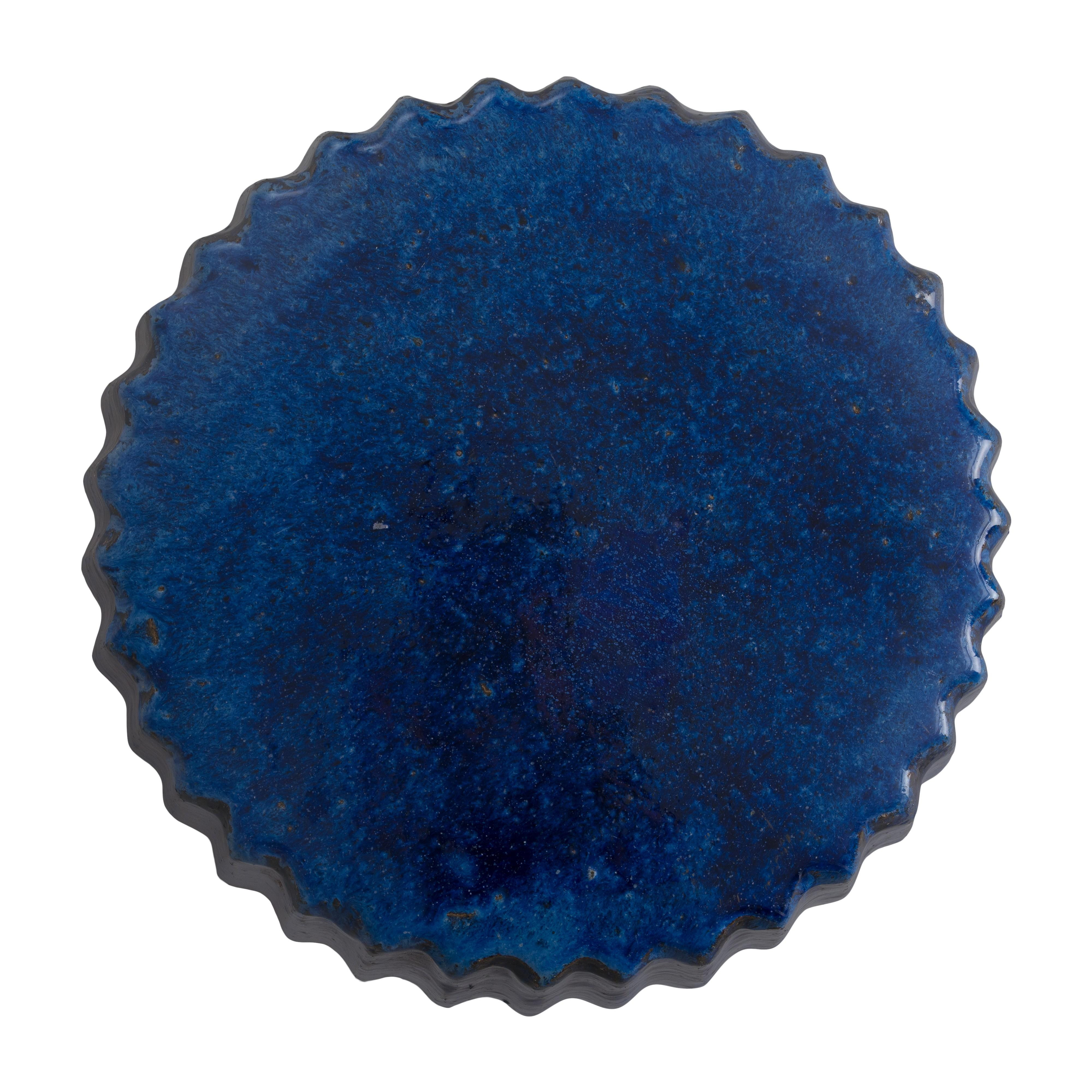 Pleated 18 in. Round Blue Ceramic Garden Stool
