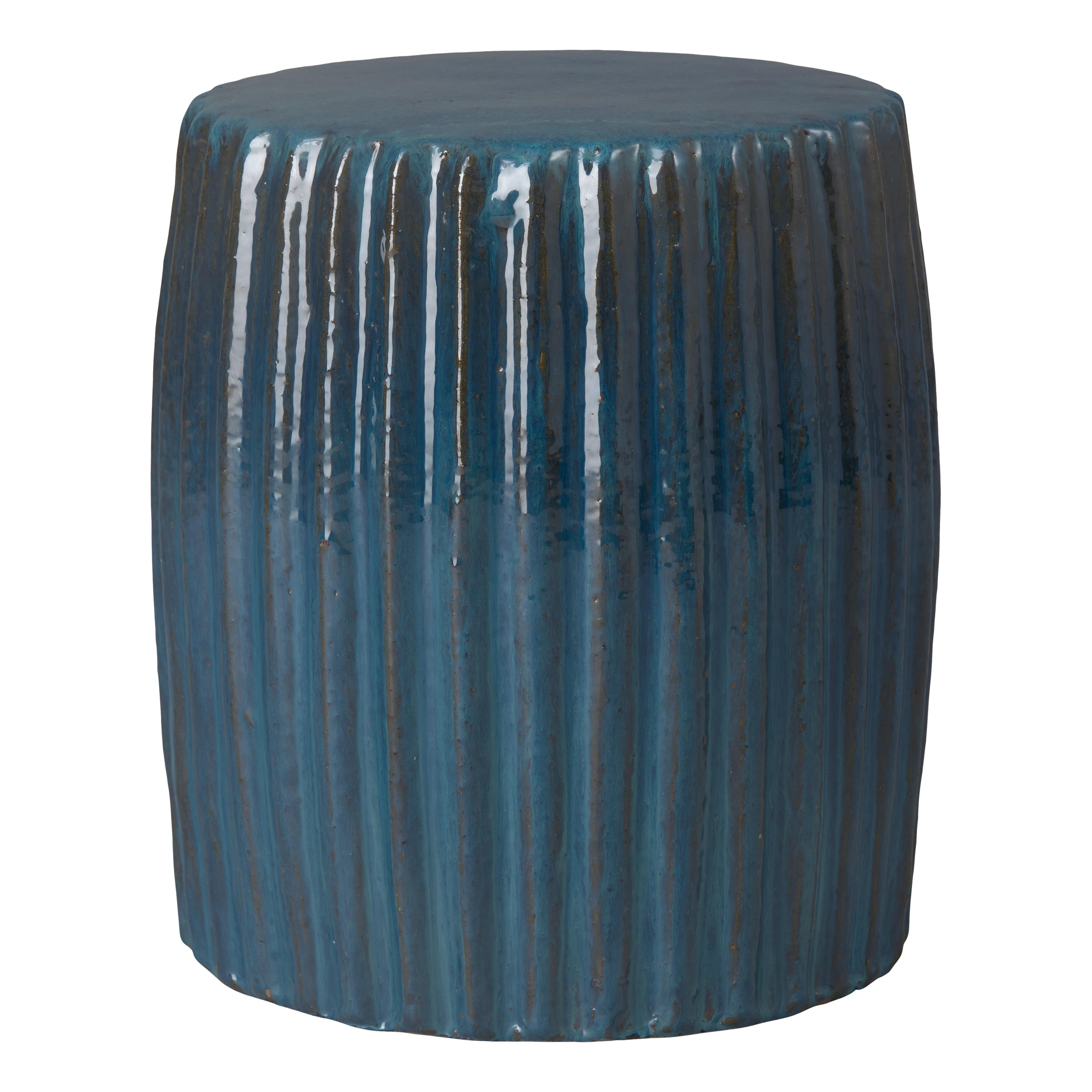 Pleated 18 in. Round Turquoise Ceramic Garden Stool