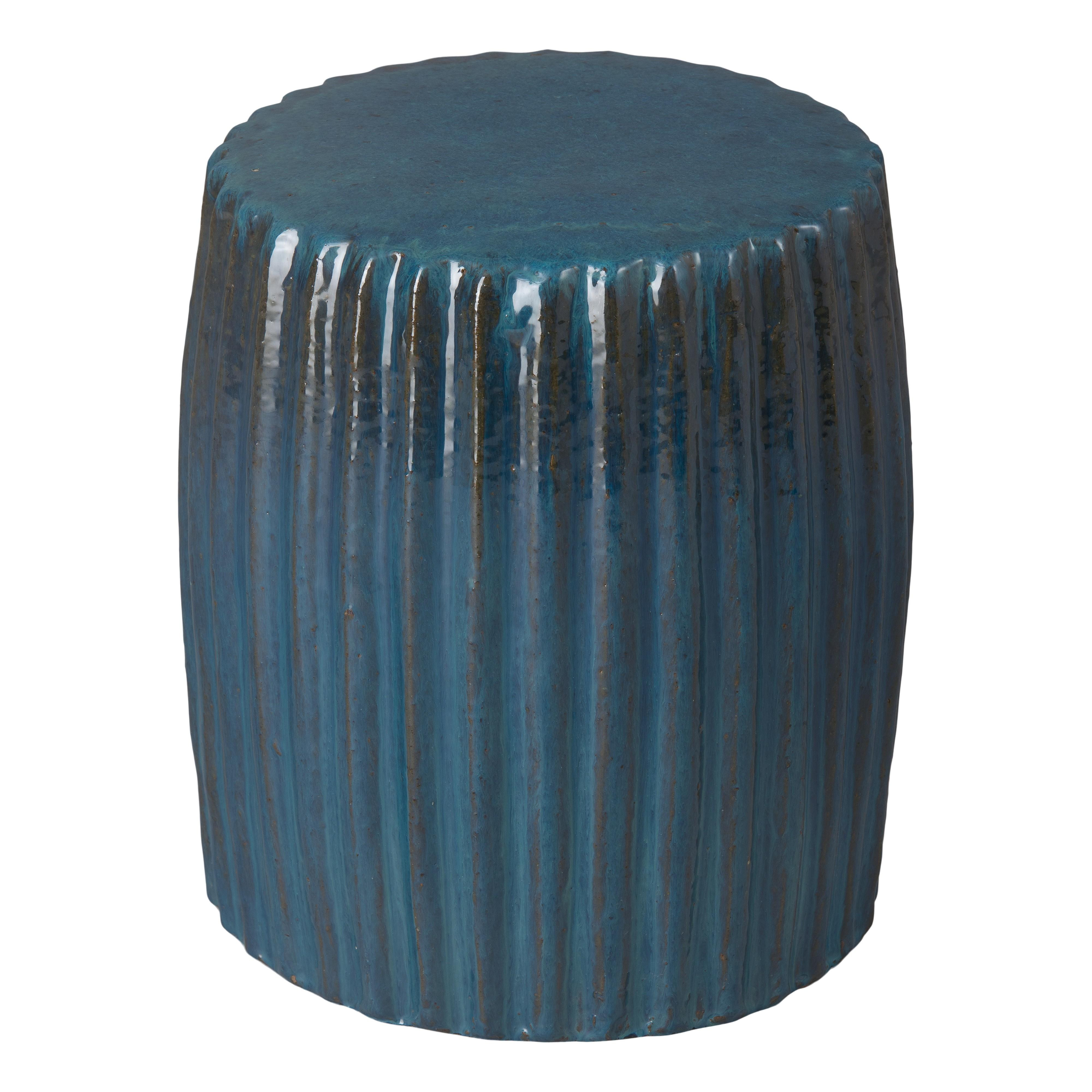 Pleated 18 in. Round Turquoise Ceramic Garden Stool