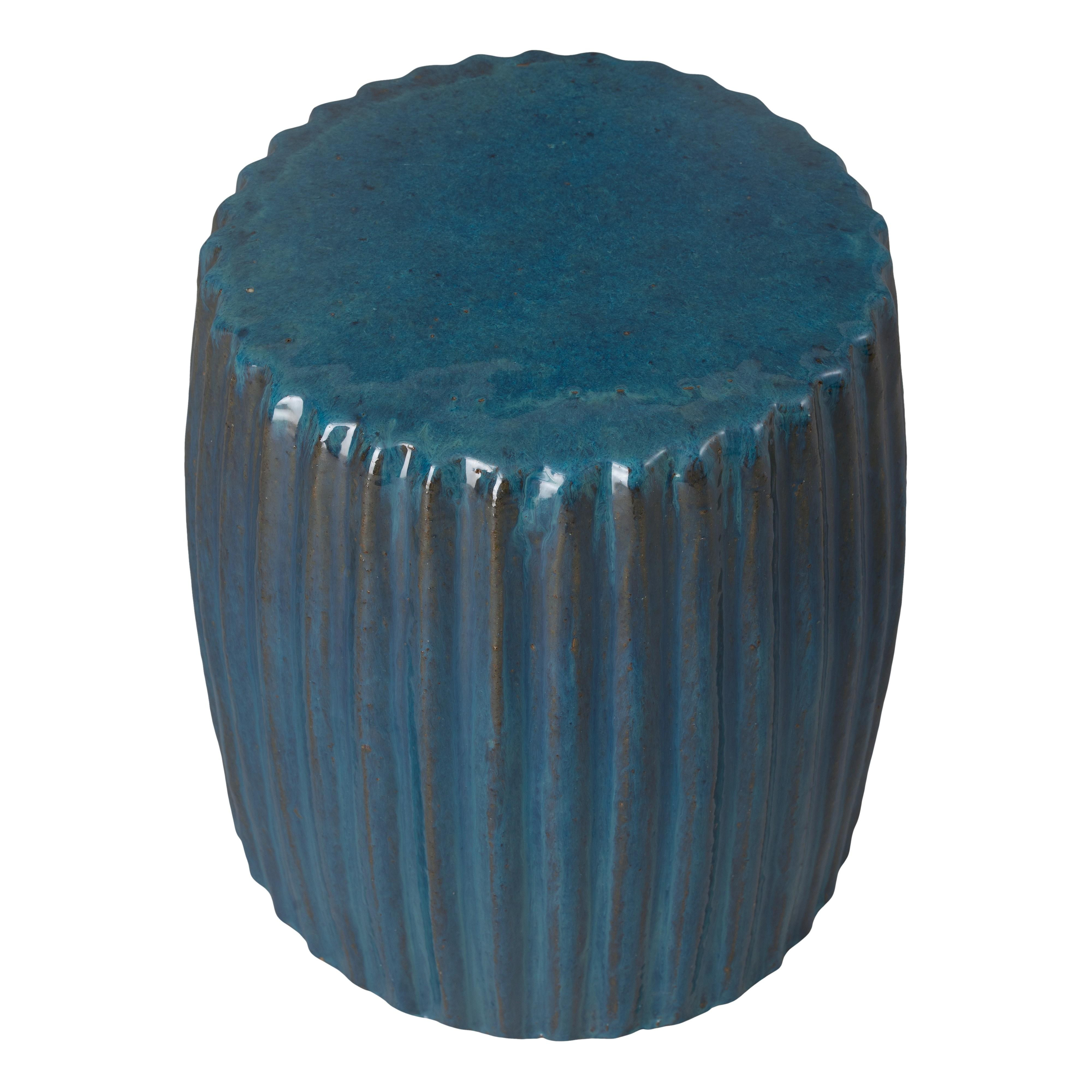 Pleated 18 in. Round Turquoise Ceramic Garden Stool