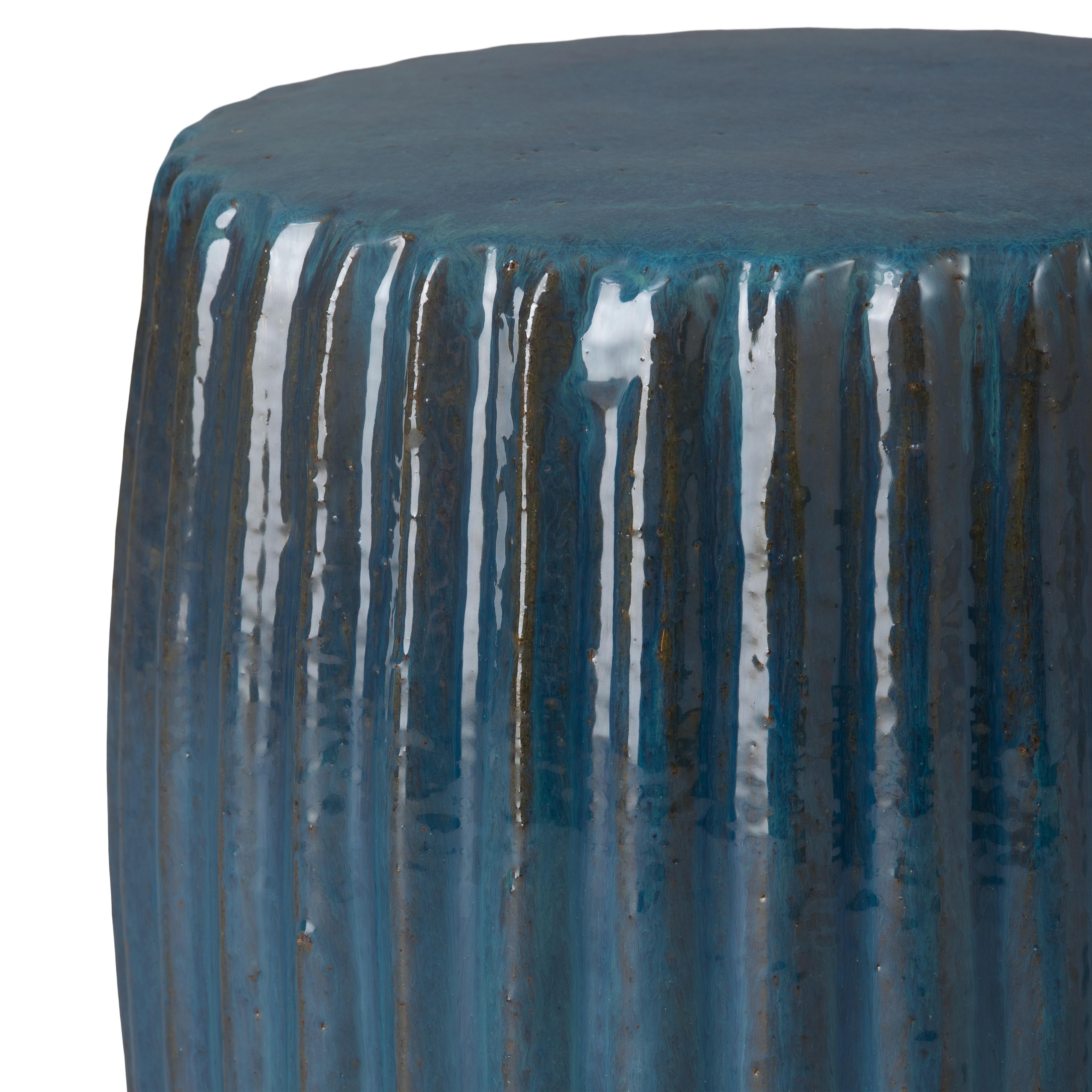 Pleated 18 in. Round Turquoise Ceramic Garden Stool