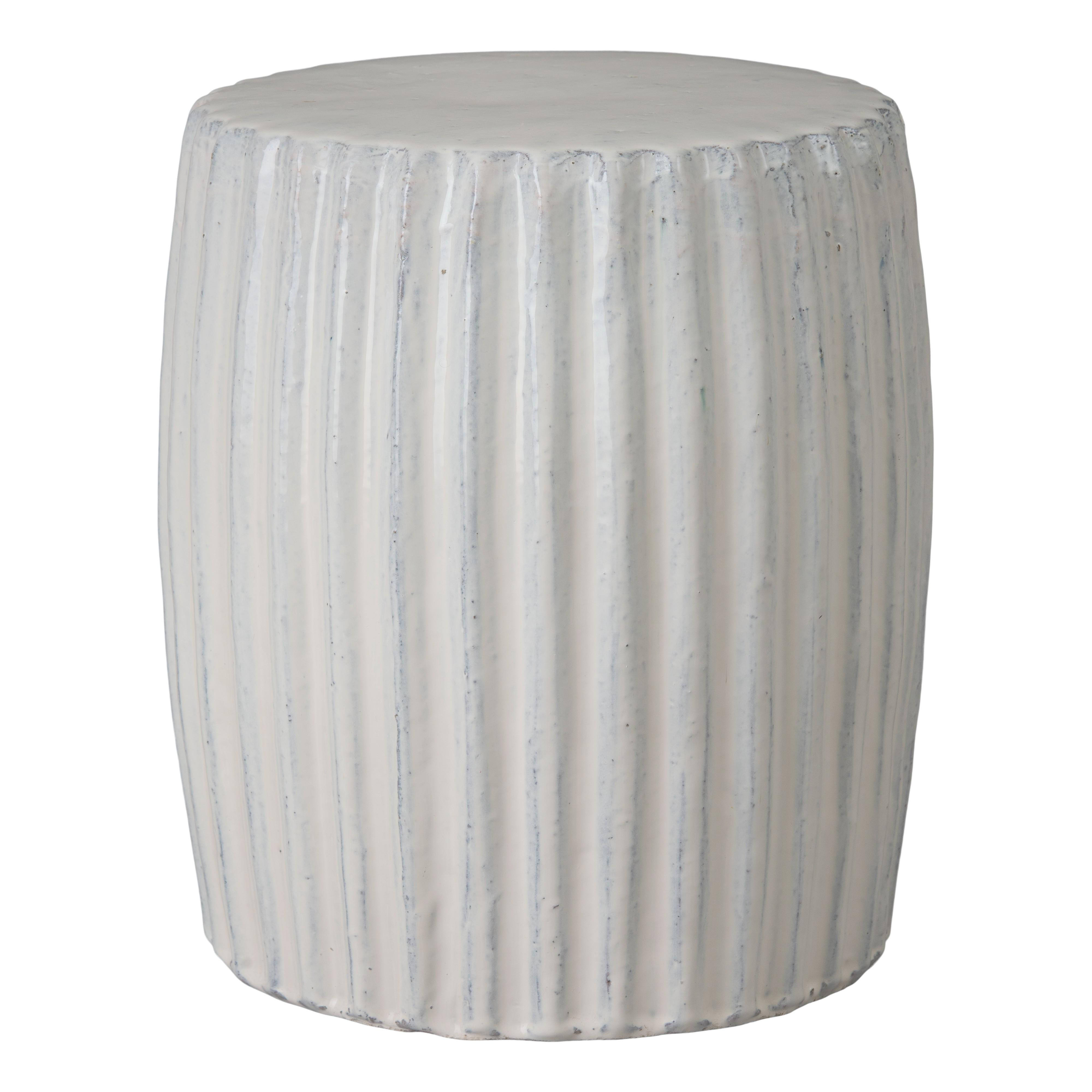 Pleated 18 in. Round White Ceramic Garden Stool