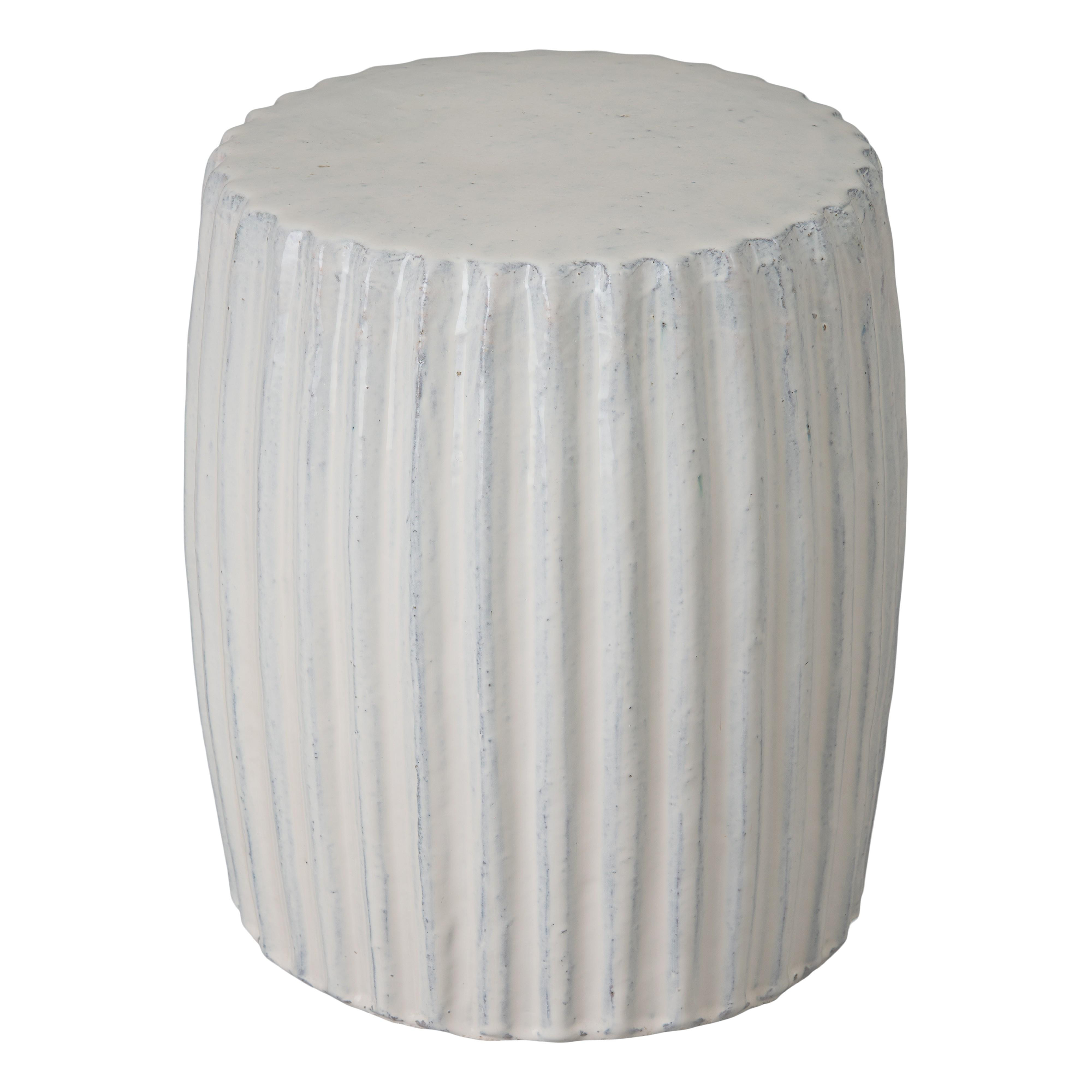 Pleated 18 in. Round White Ceramic Garden Stool