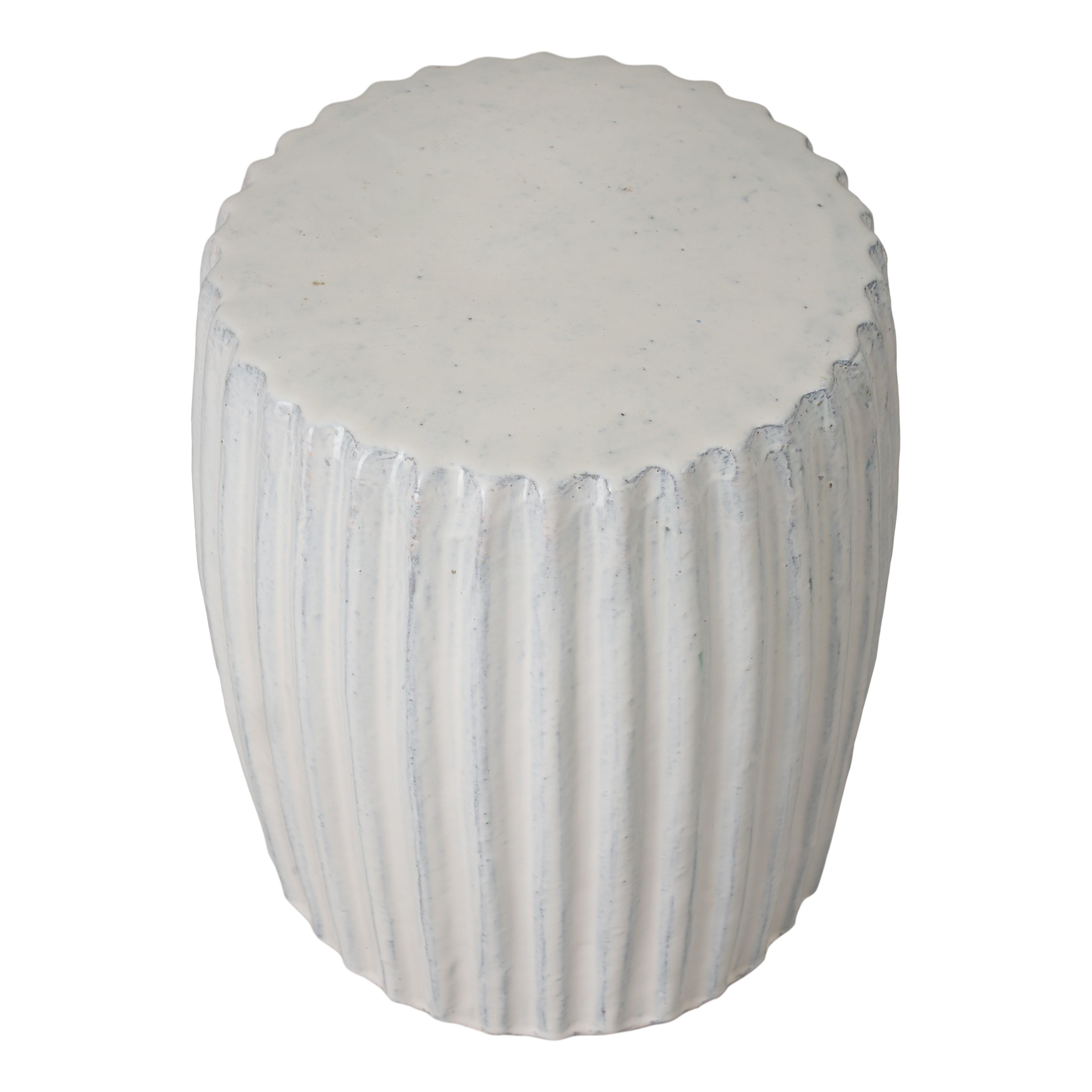 Pleated 18 in. Round White Ceramic Garden Stool