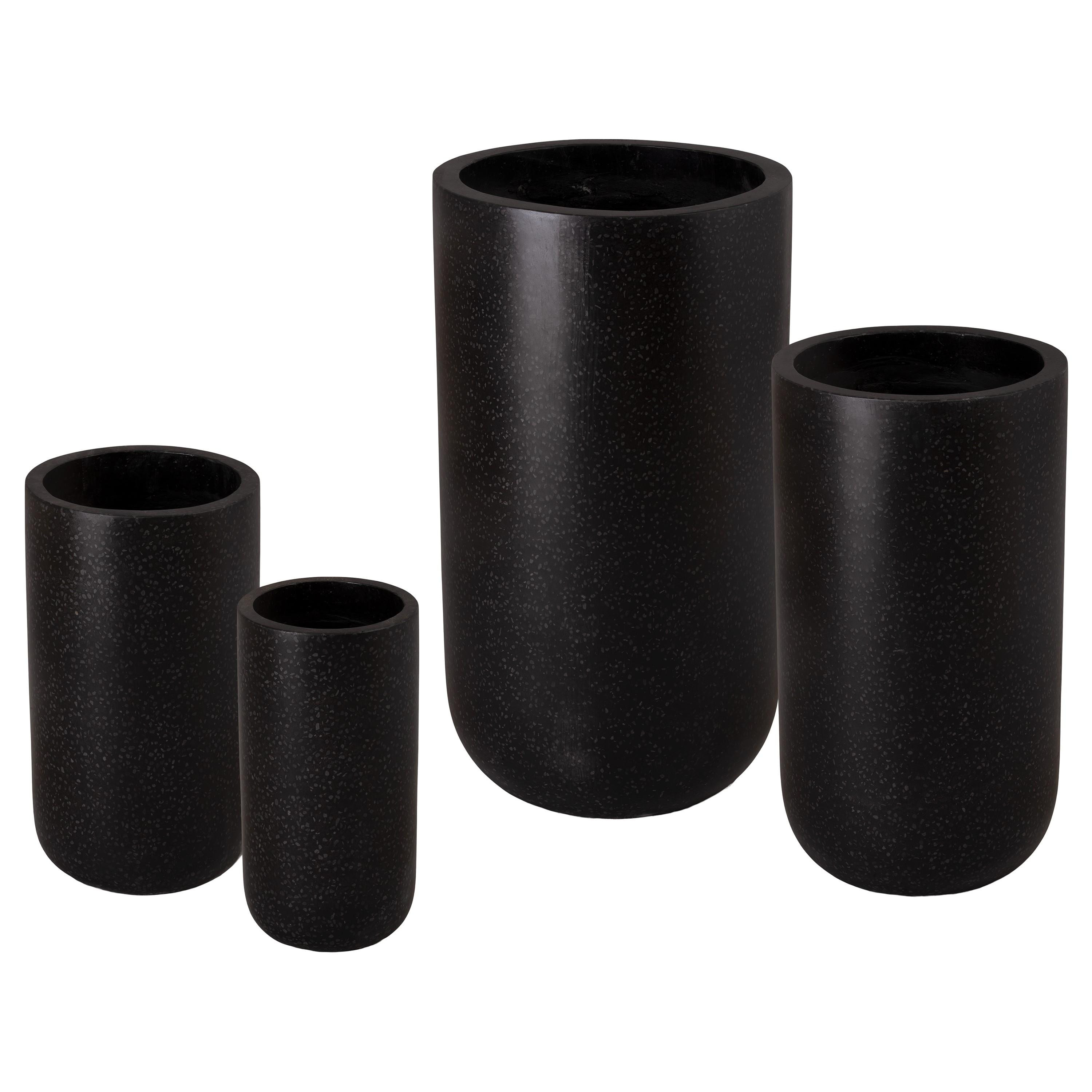Set of 4 Tall Cylinder Black Terrazzo Planters