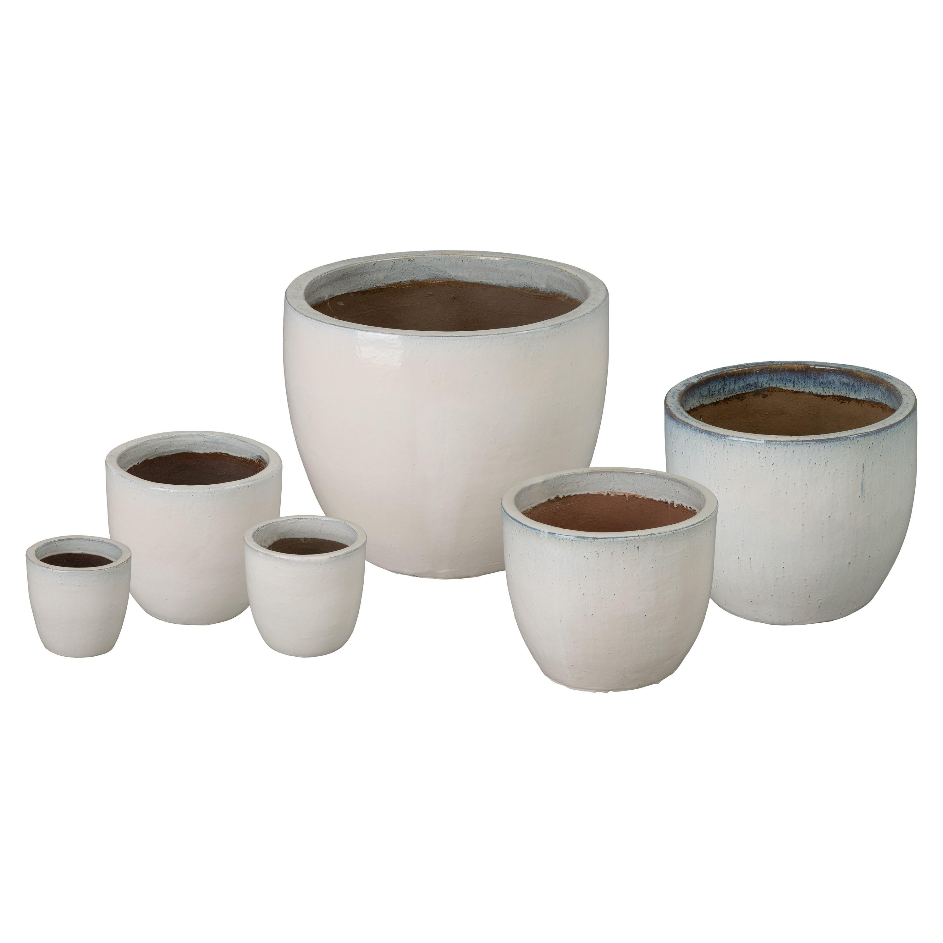 Set of 6 Round Distressed White Ceramic Planters