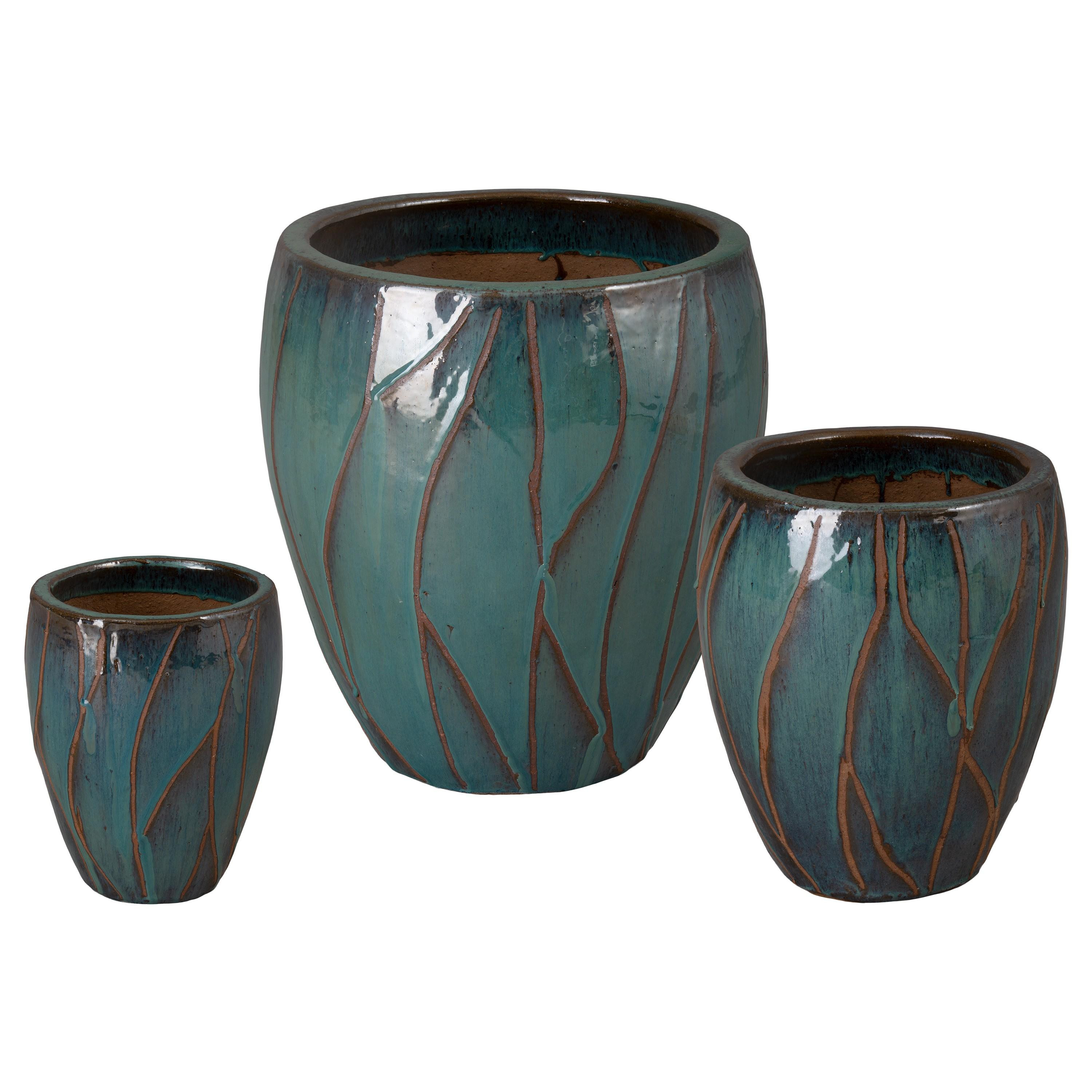 Breeze Set of 3 Round Teal Ceramic Planters