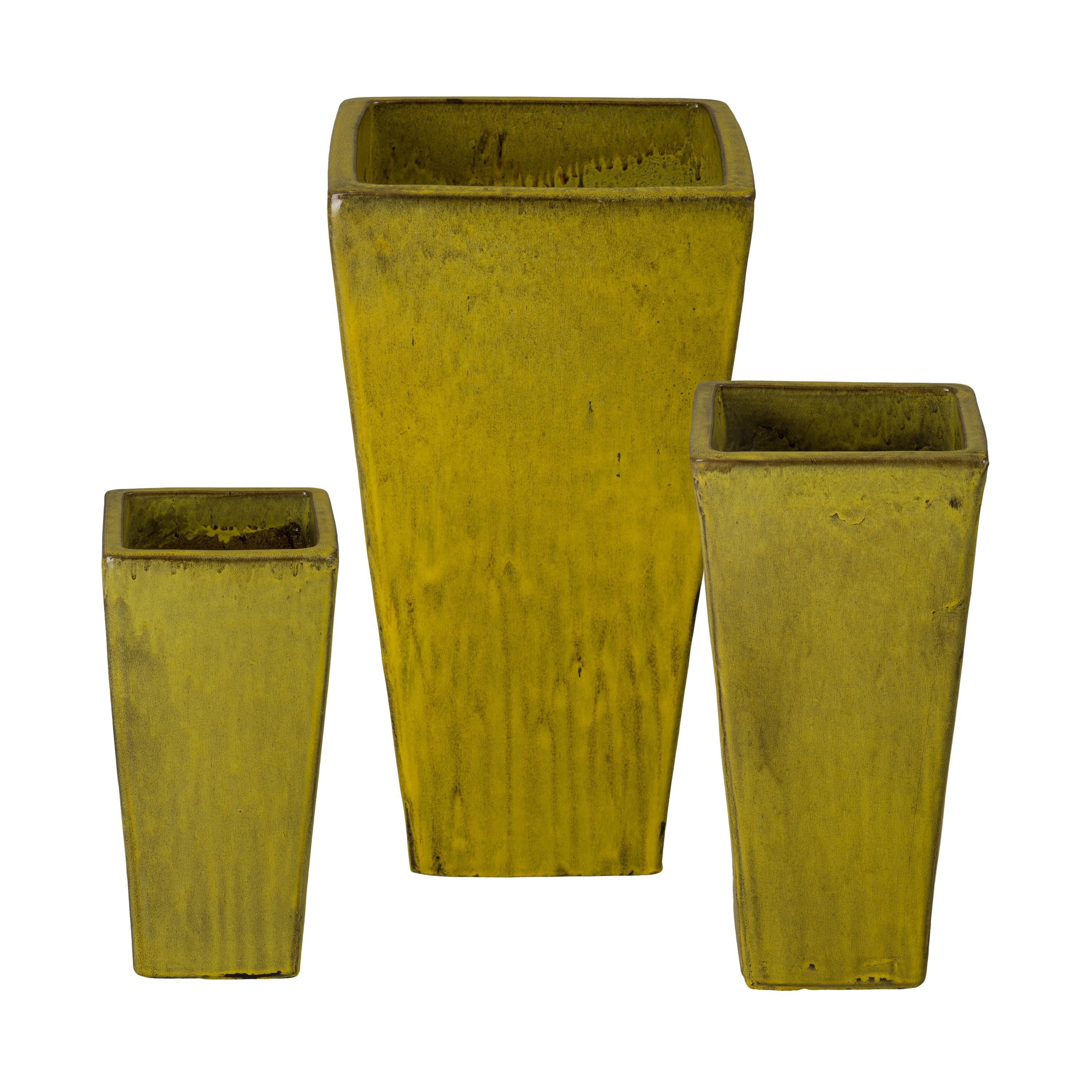 Crisco Set of 3 Tall Square Tropical Yellow Ceramic Planters