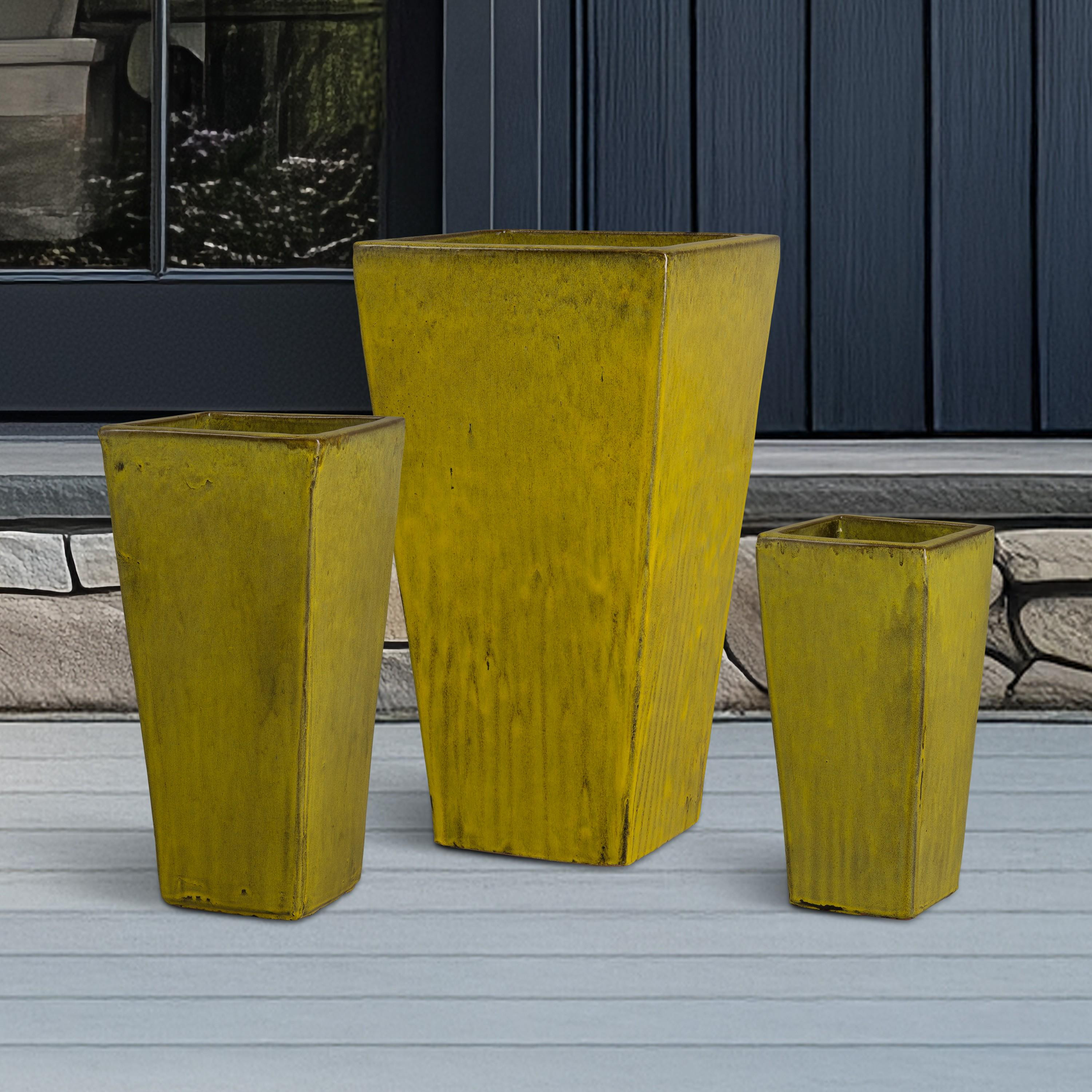 Crisco Set of 3 Tall Square Tropical Yellow Ceramic Planters