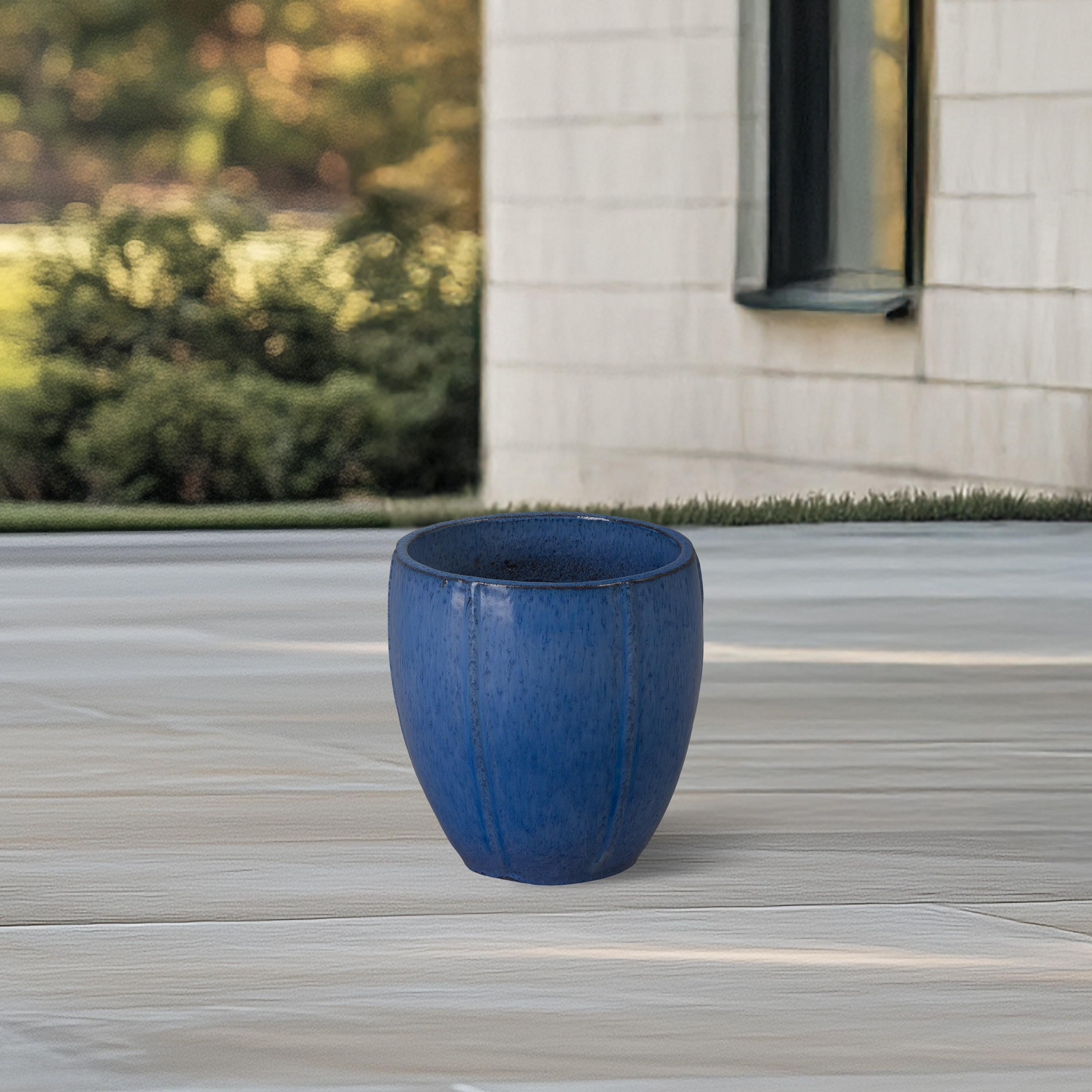 Crest 10 in. Round Blue Snow Ceramic Planter