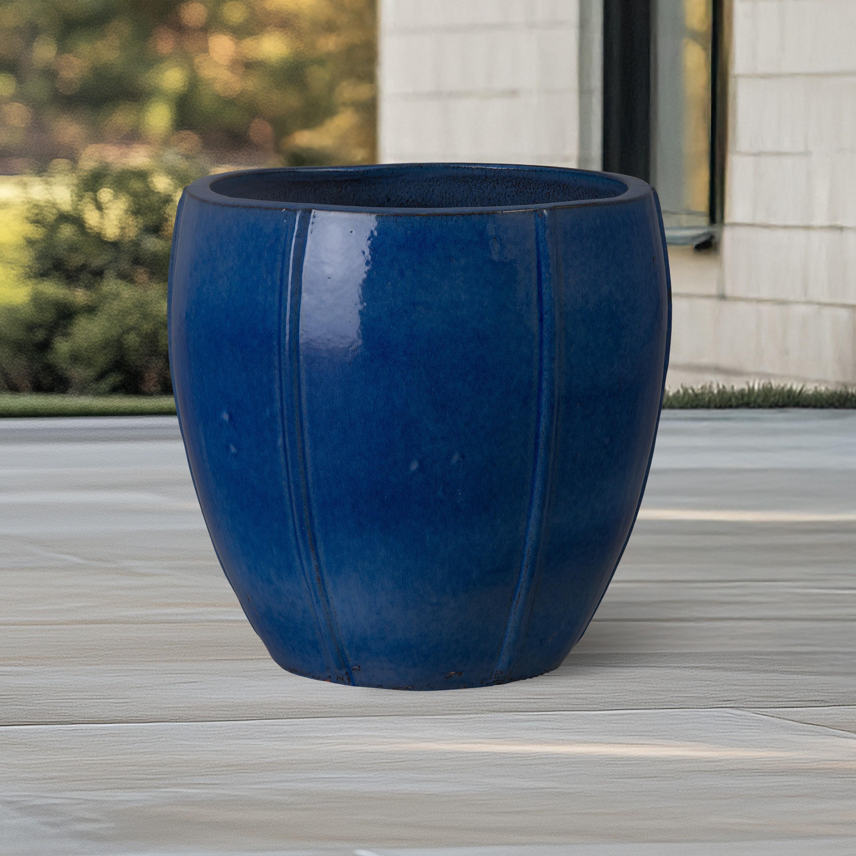 Crest 20 in. Round Blue Snow Ceramic Planter
