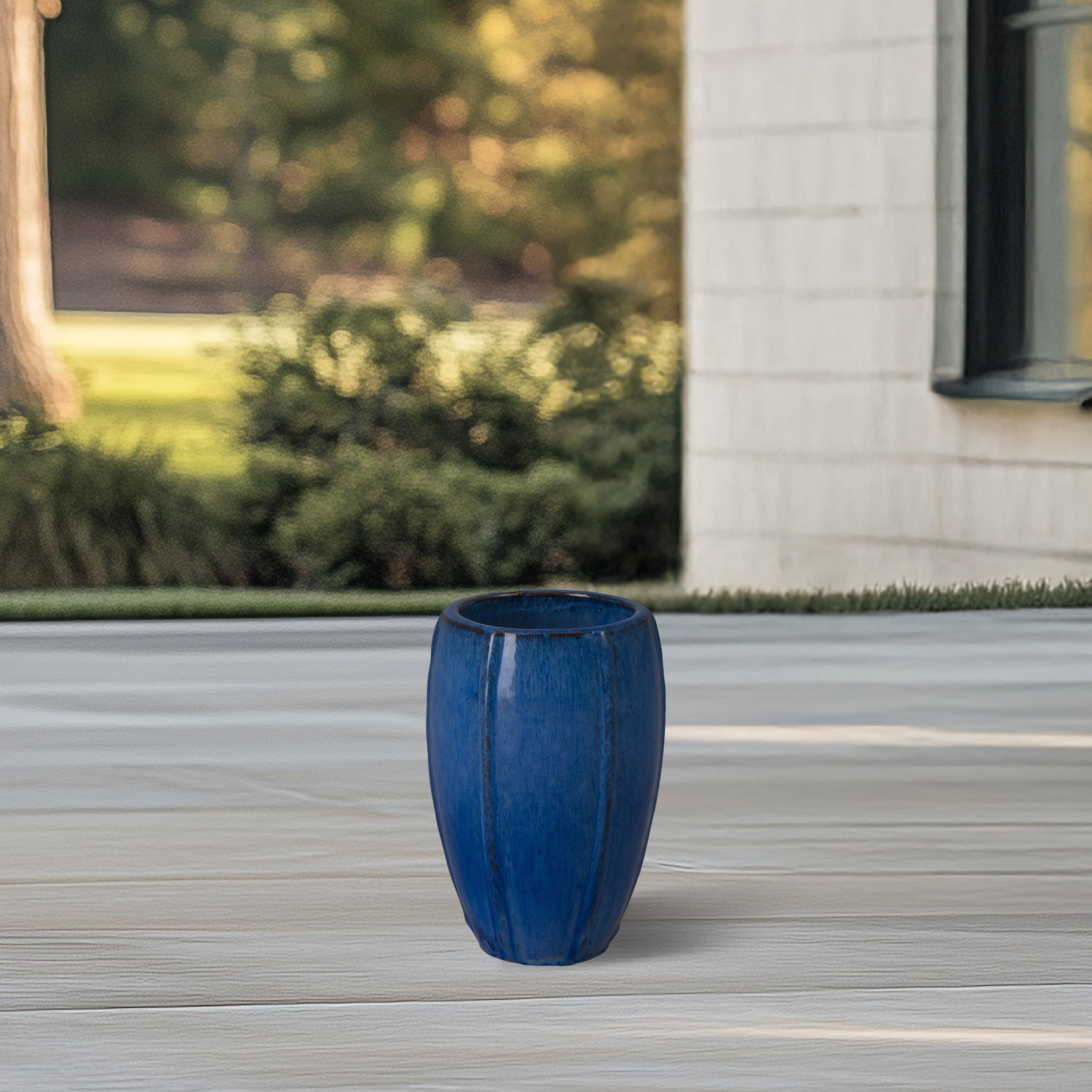 Crest 10.5 in. Tall Round Blue Snow Ceramic Planter