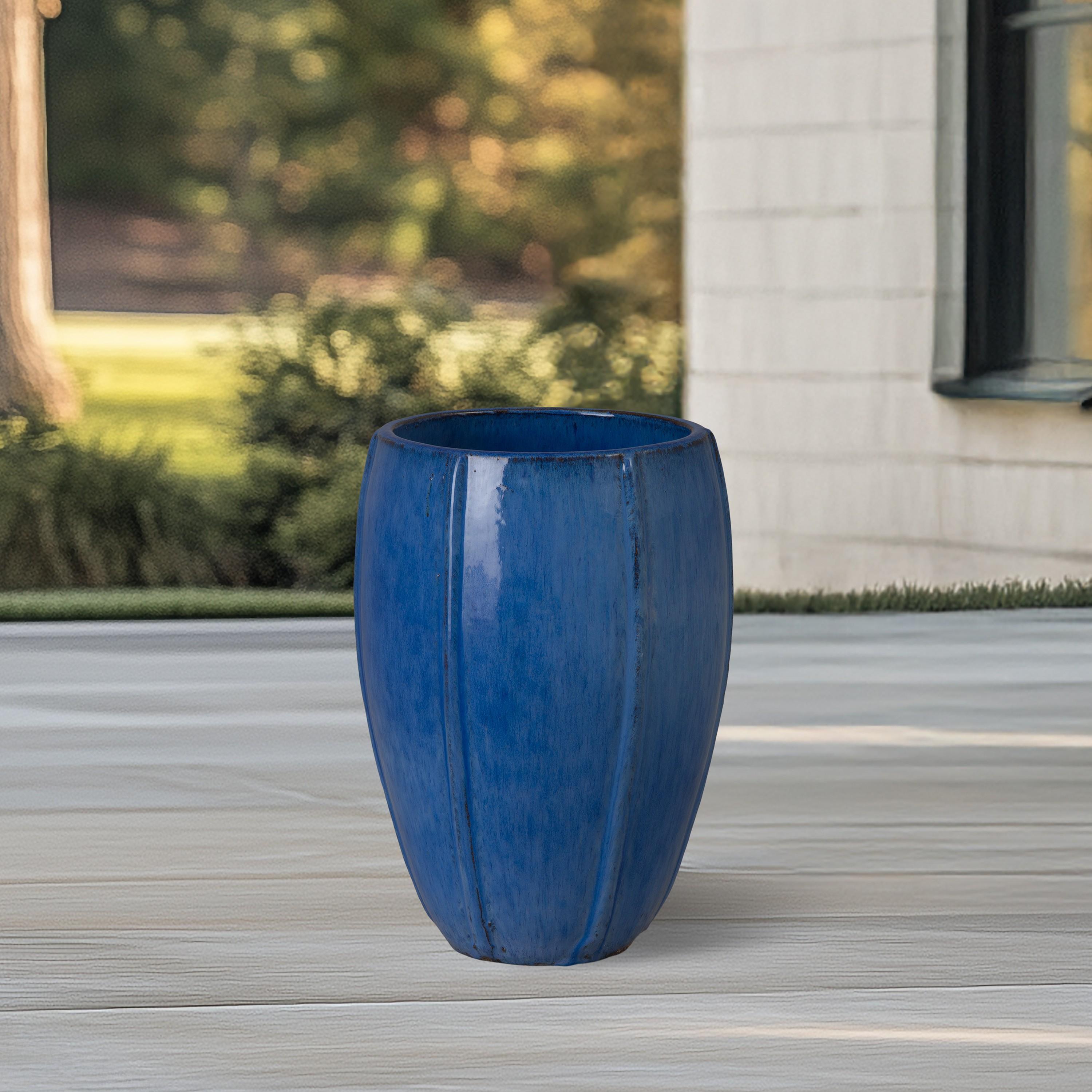 Crest 16 in. Tall Round Blue Snow Ceramic Planter