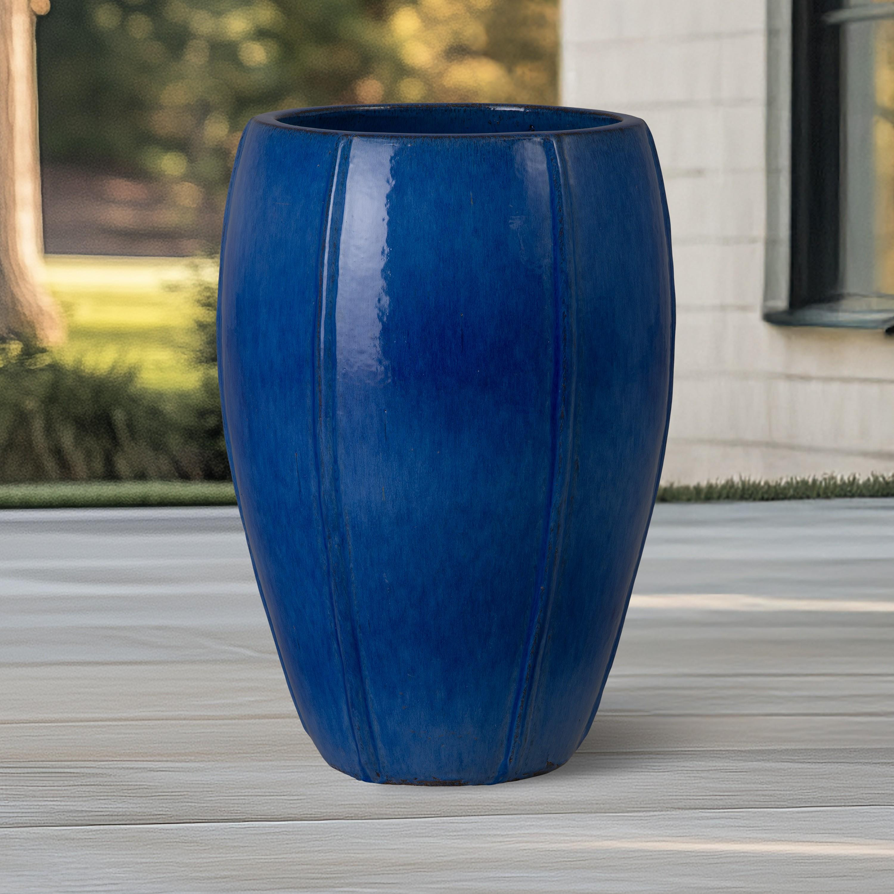 Crest 25 in. Tall Round Blue Snow Ceramic Planter
