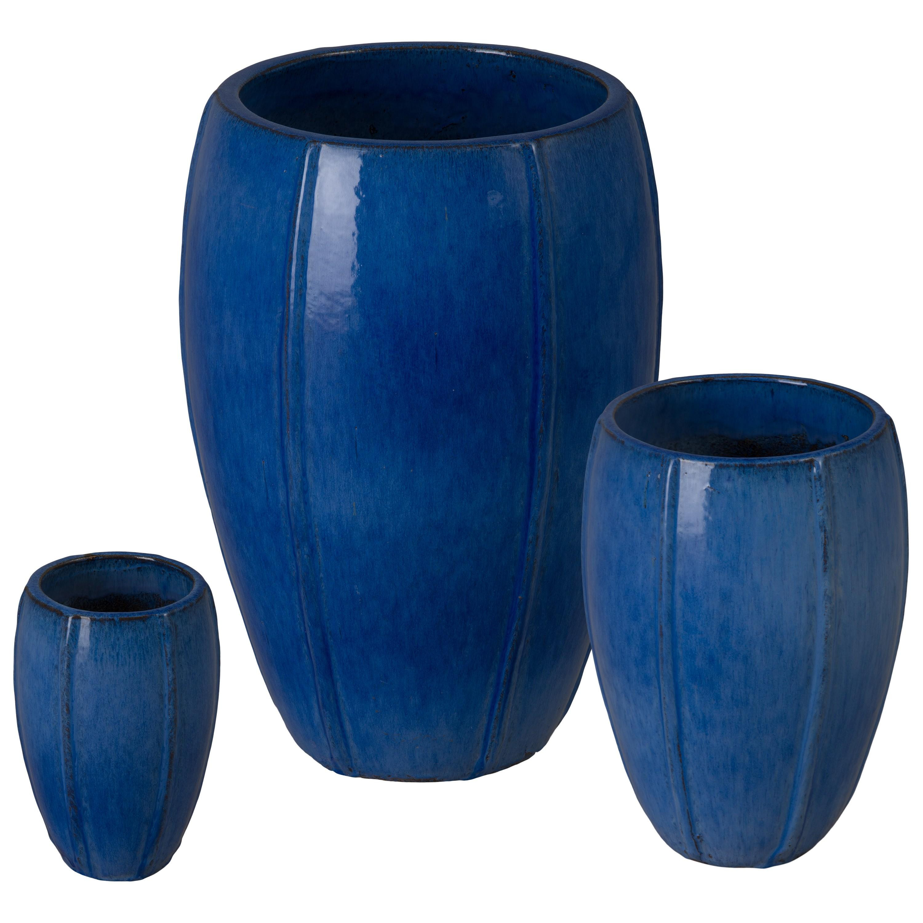 Crest Set of 3 Tall Round Blue Snow Ceramic Planters