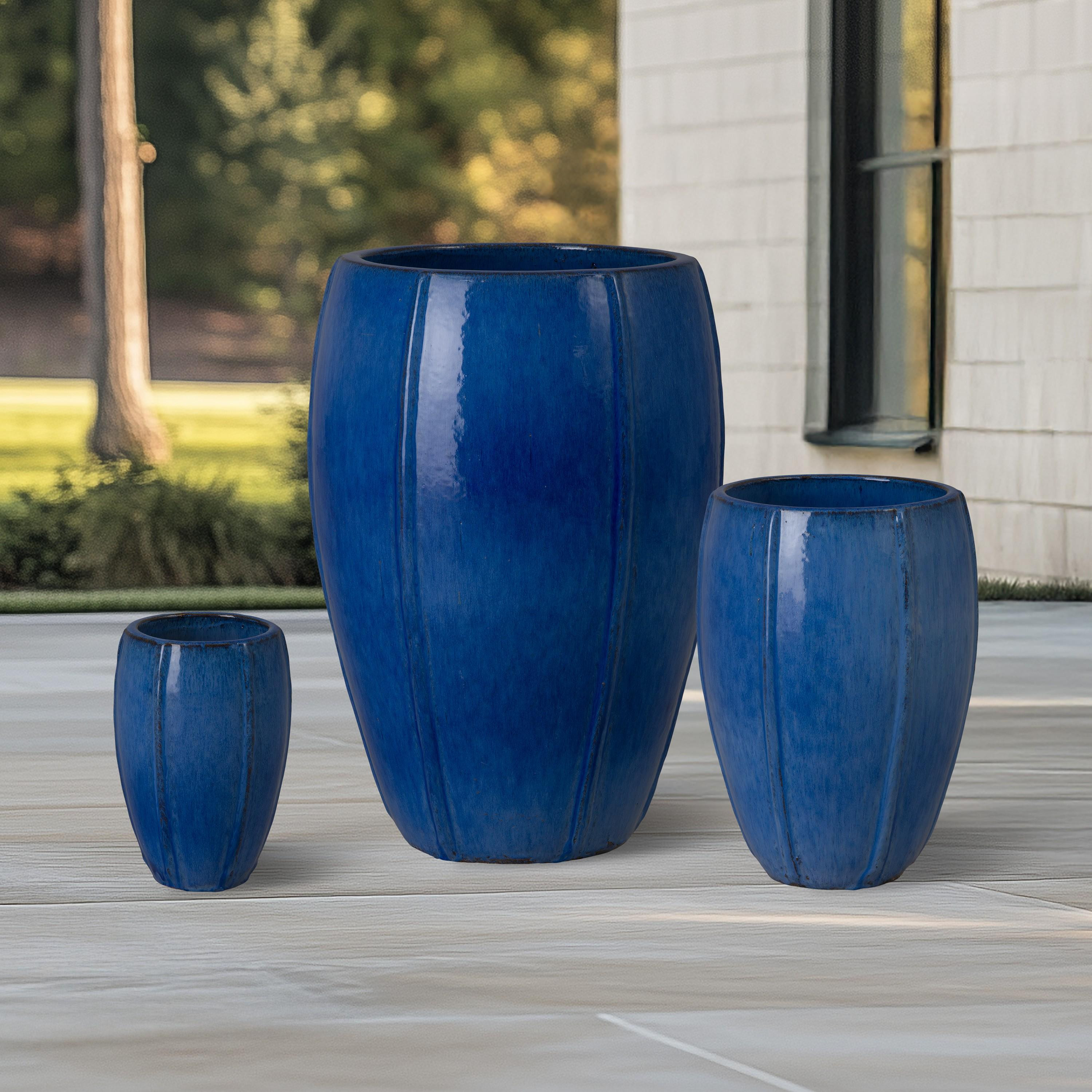 Crest Set of 3 Tall Round Blue Snow Ceramic Planters