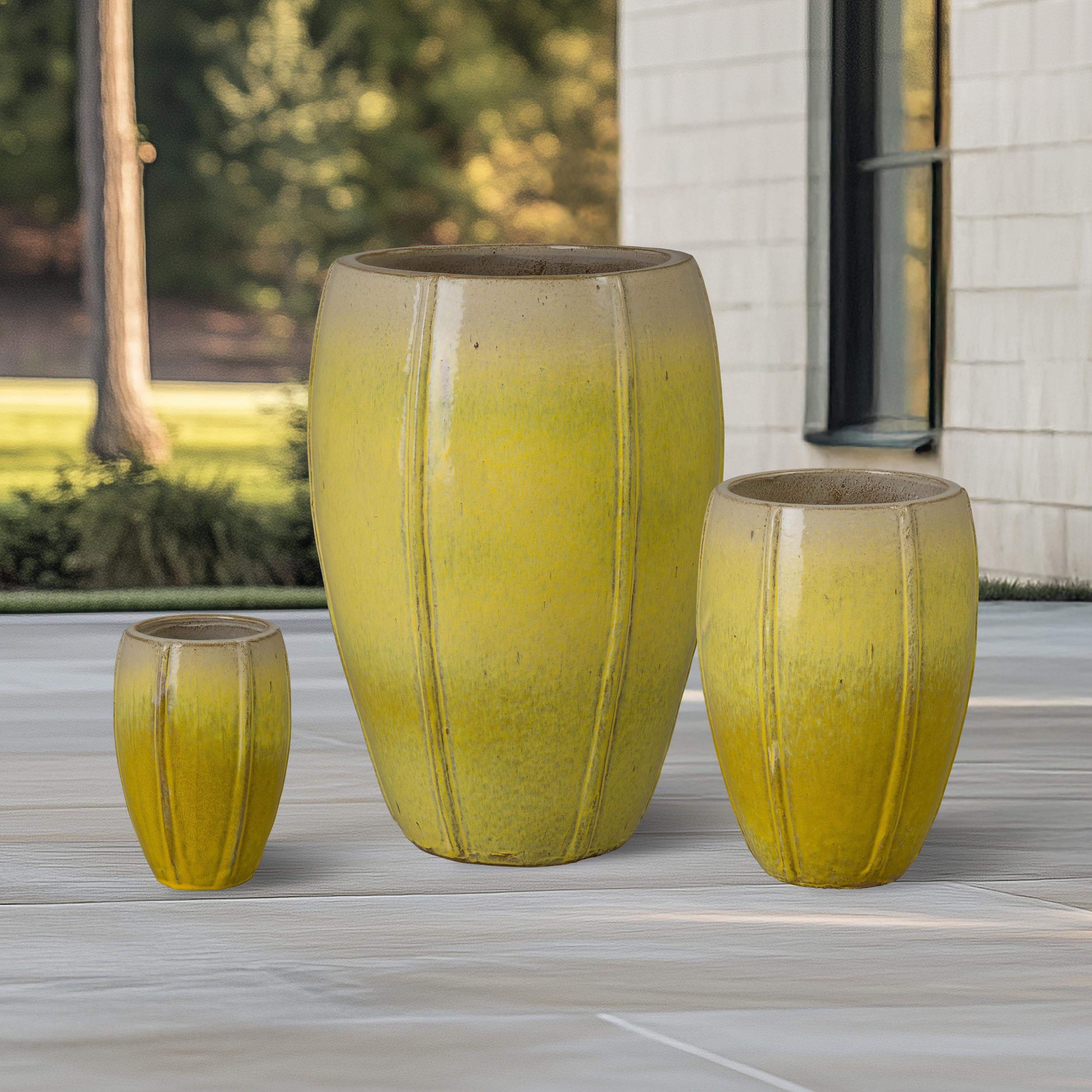 Crest Set of 3 Tall Round Yellow Snow Ceramic Planters