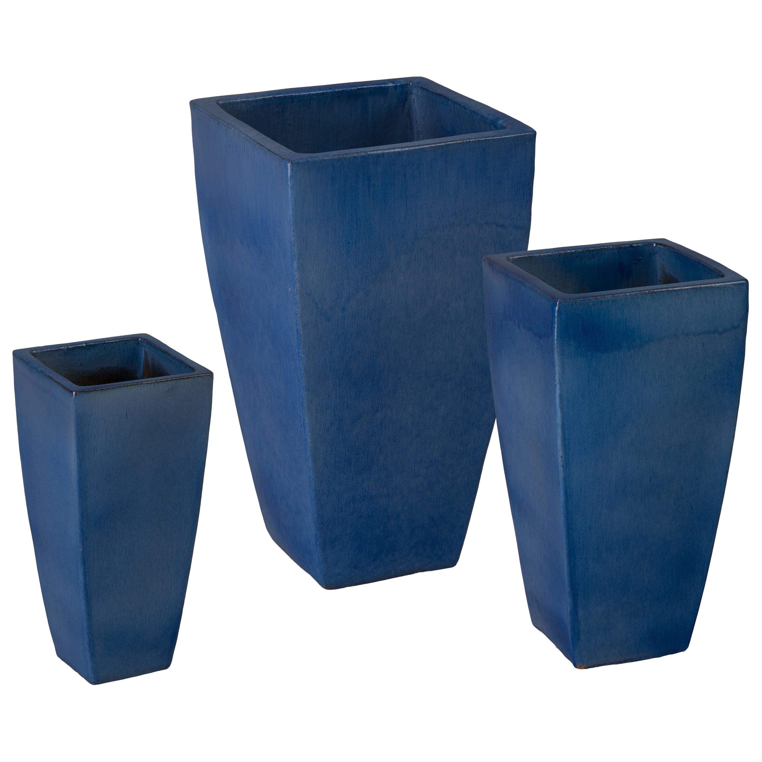Quad Set of 3 Square Blue Snow Ceramic Planters