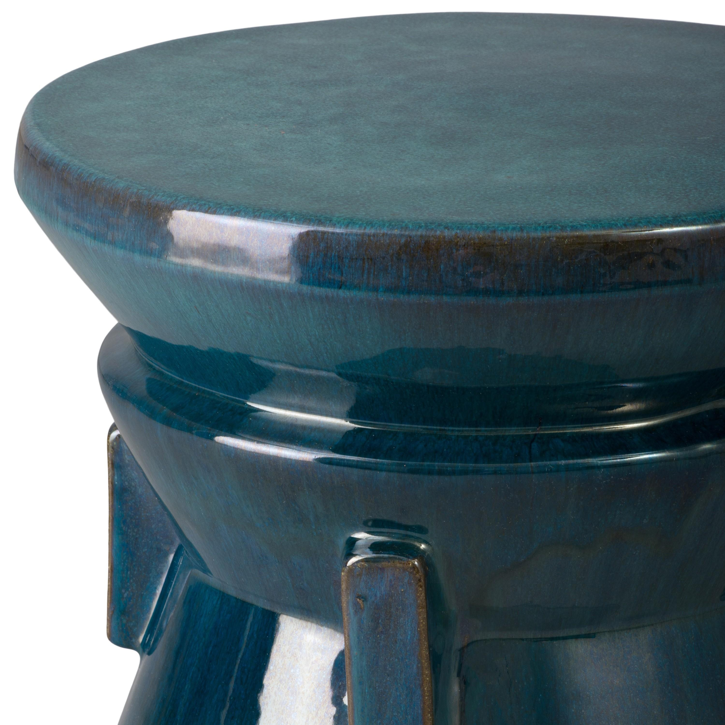 Four Handle 18 in. Teal Ceramic Garden Stool