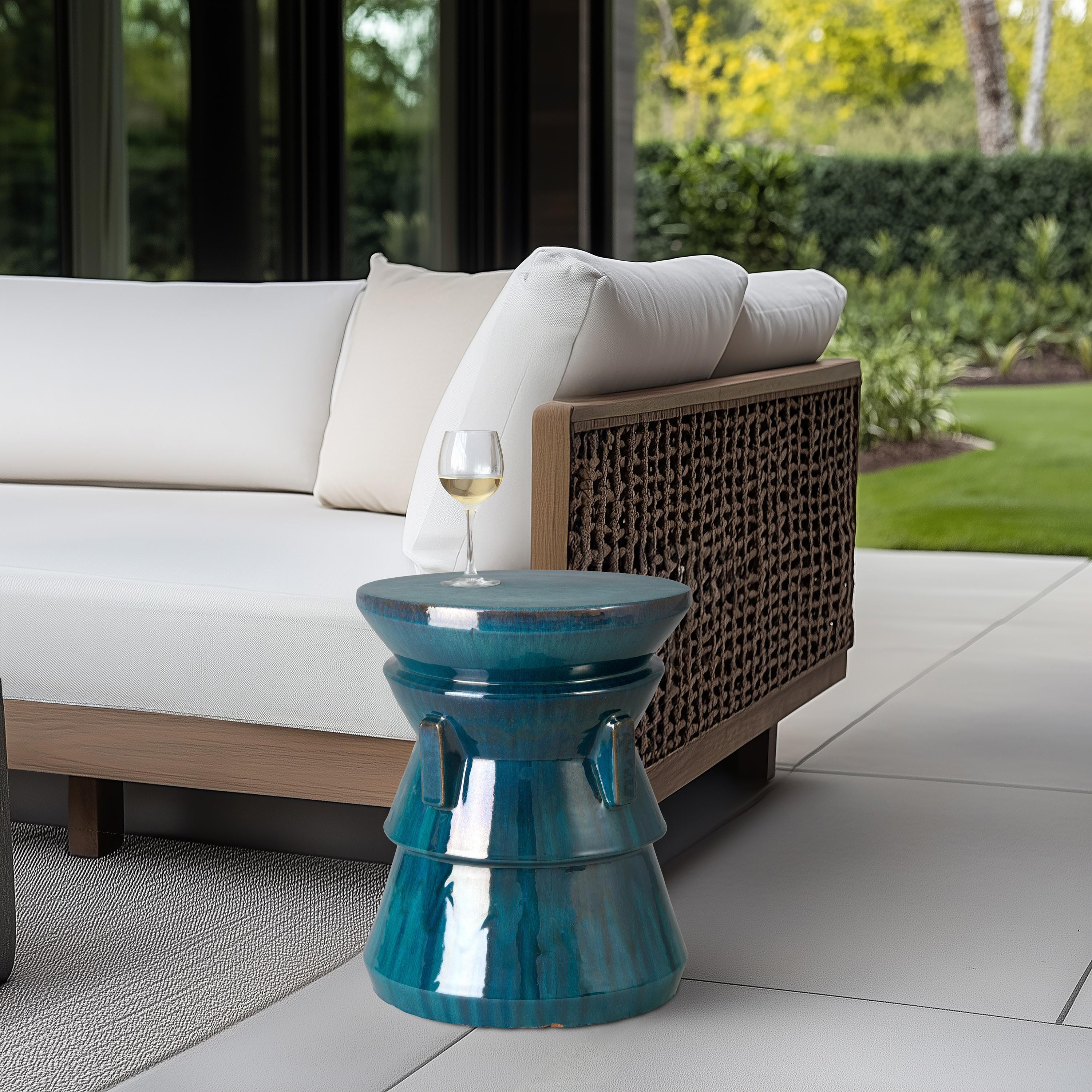Four Handle 18 in. Teal Ceramic Garden Stool