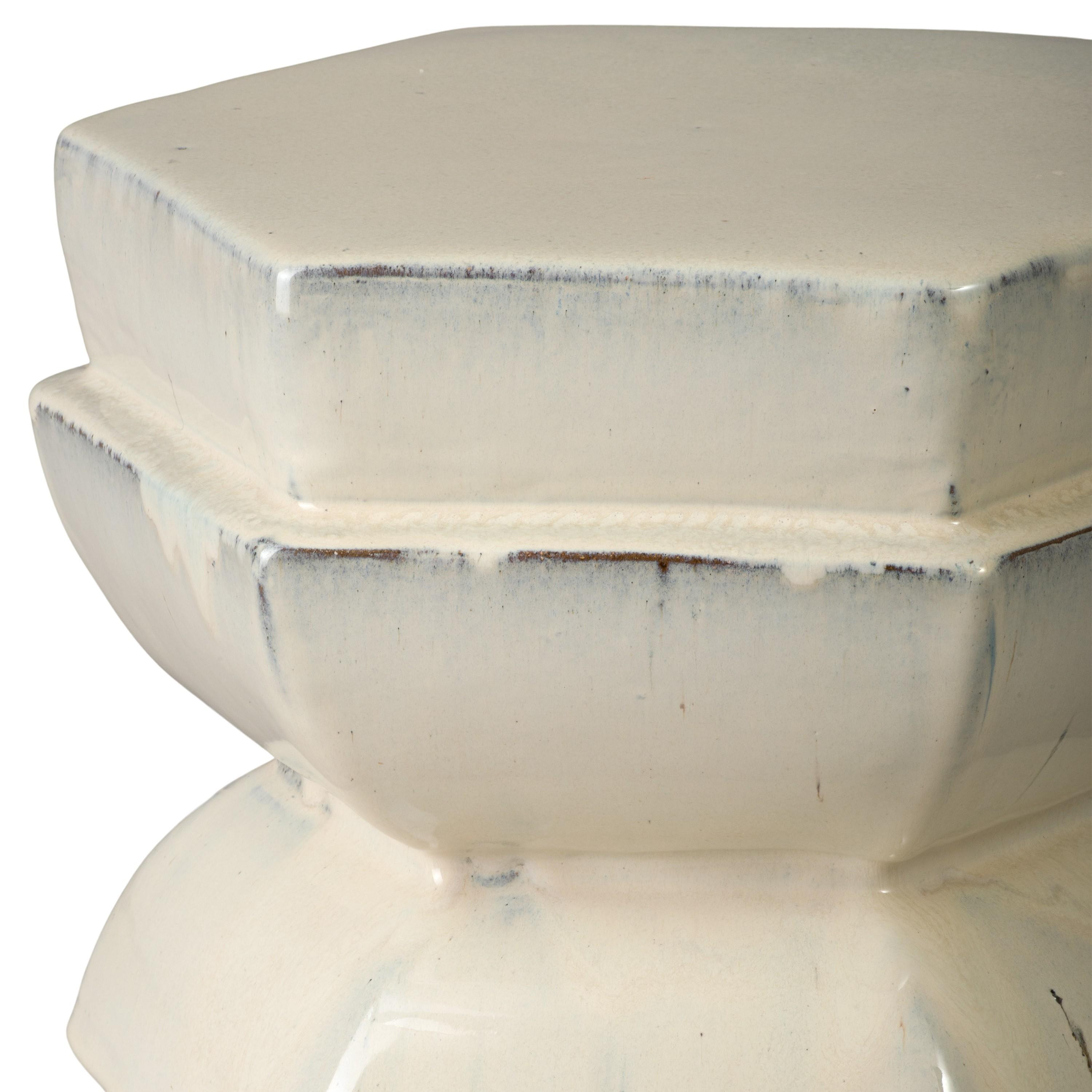 Hex Layered 18 in. Cream Ceramic Garden Stool