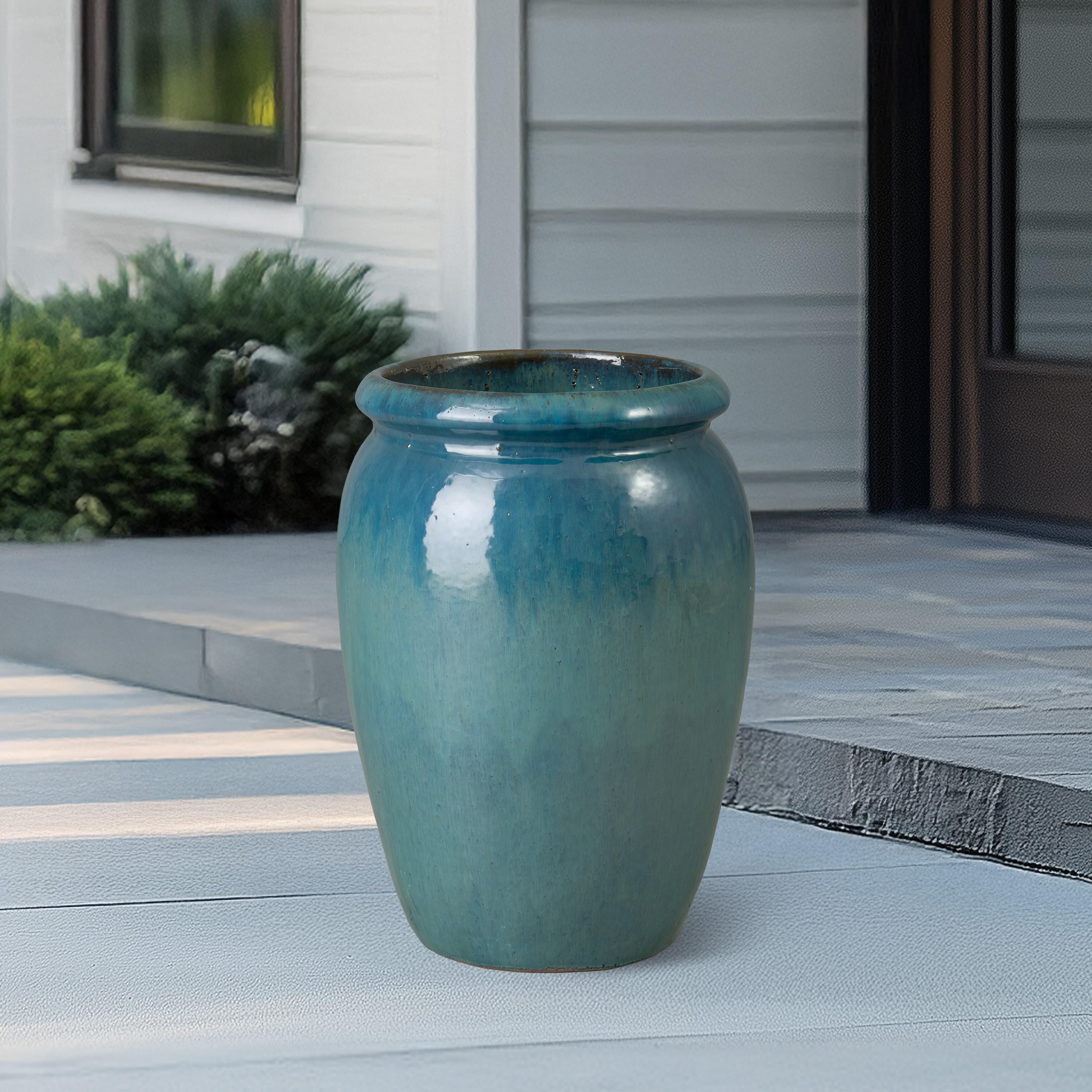 Convex 21 in. Teal Ceramic Planter