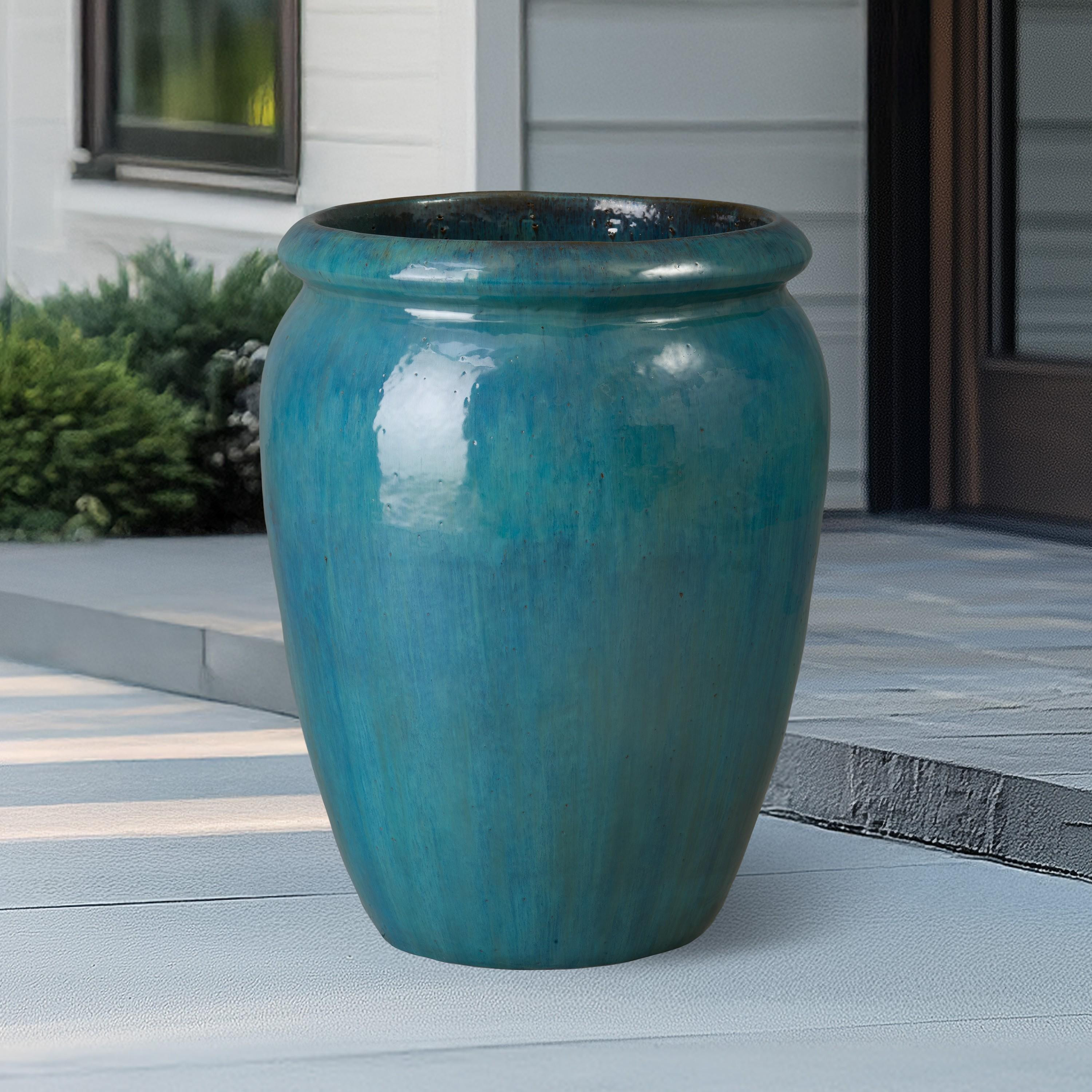 Convex 26.5 in. Teal Ceramic Planter