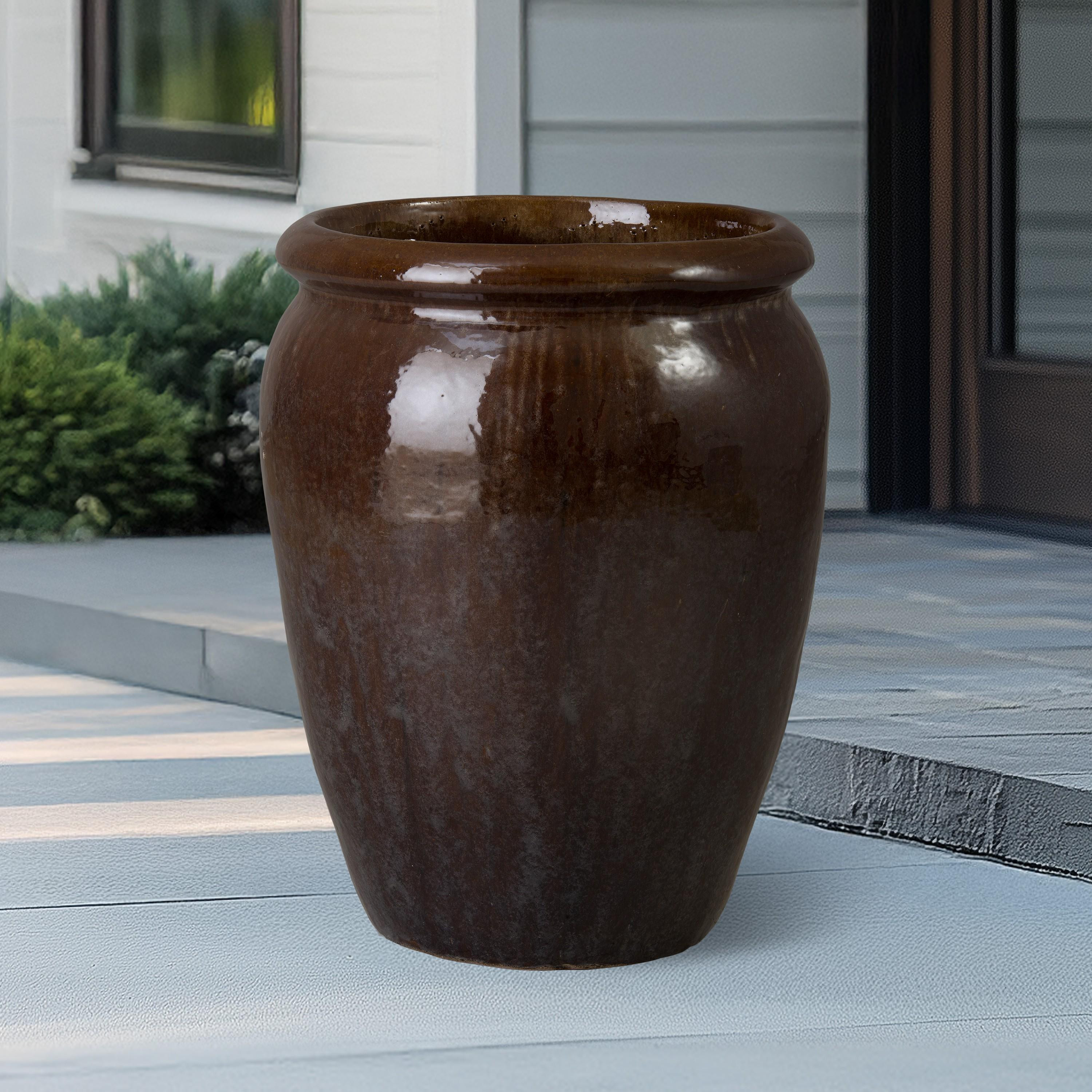 Convex 26.5 in. Variegated Olive Ceramic Planter