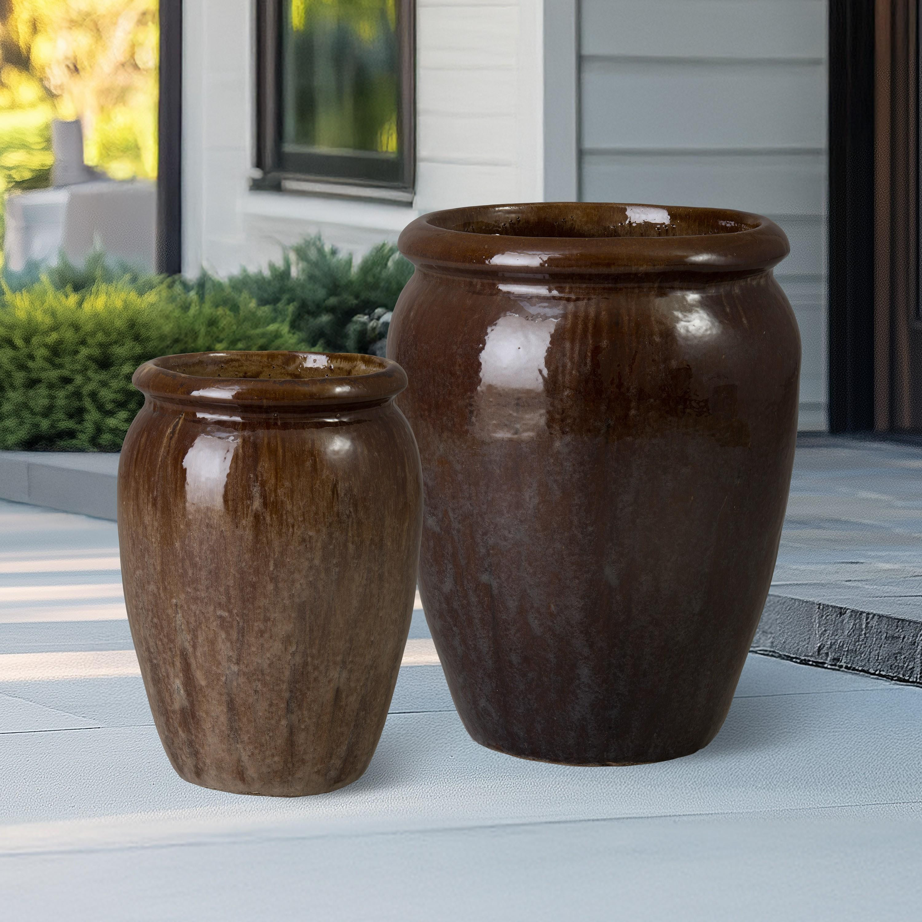 Convex Set of 2 Variegated Olive Ceramic Planters