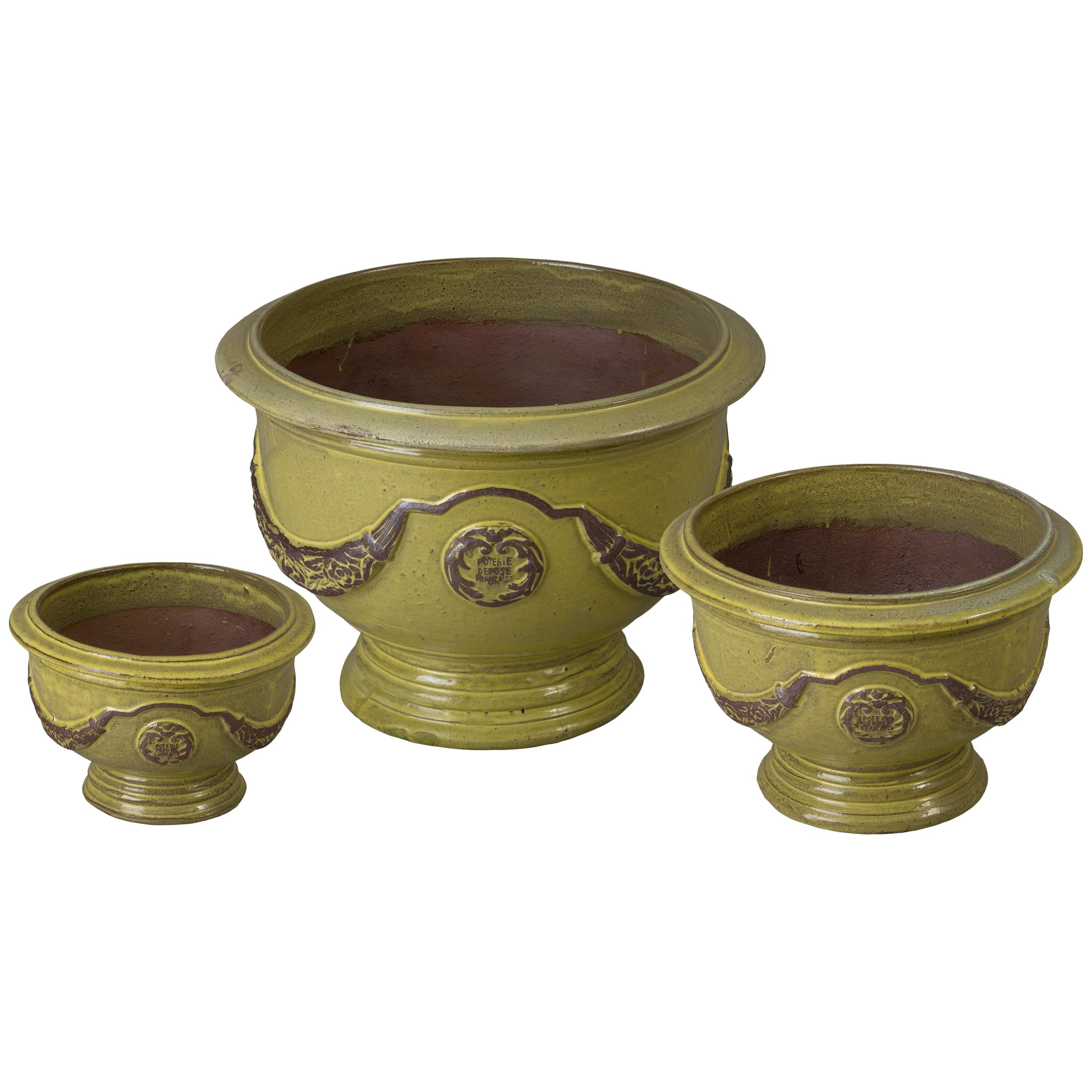 Anduze Set of 3 French Yellow Ceramic Planters