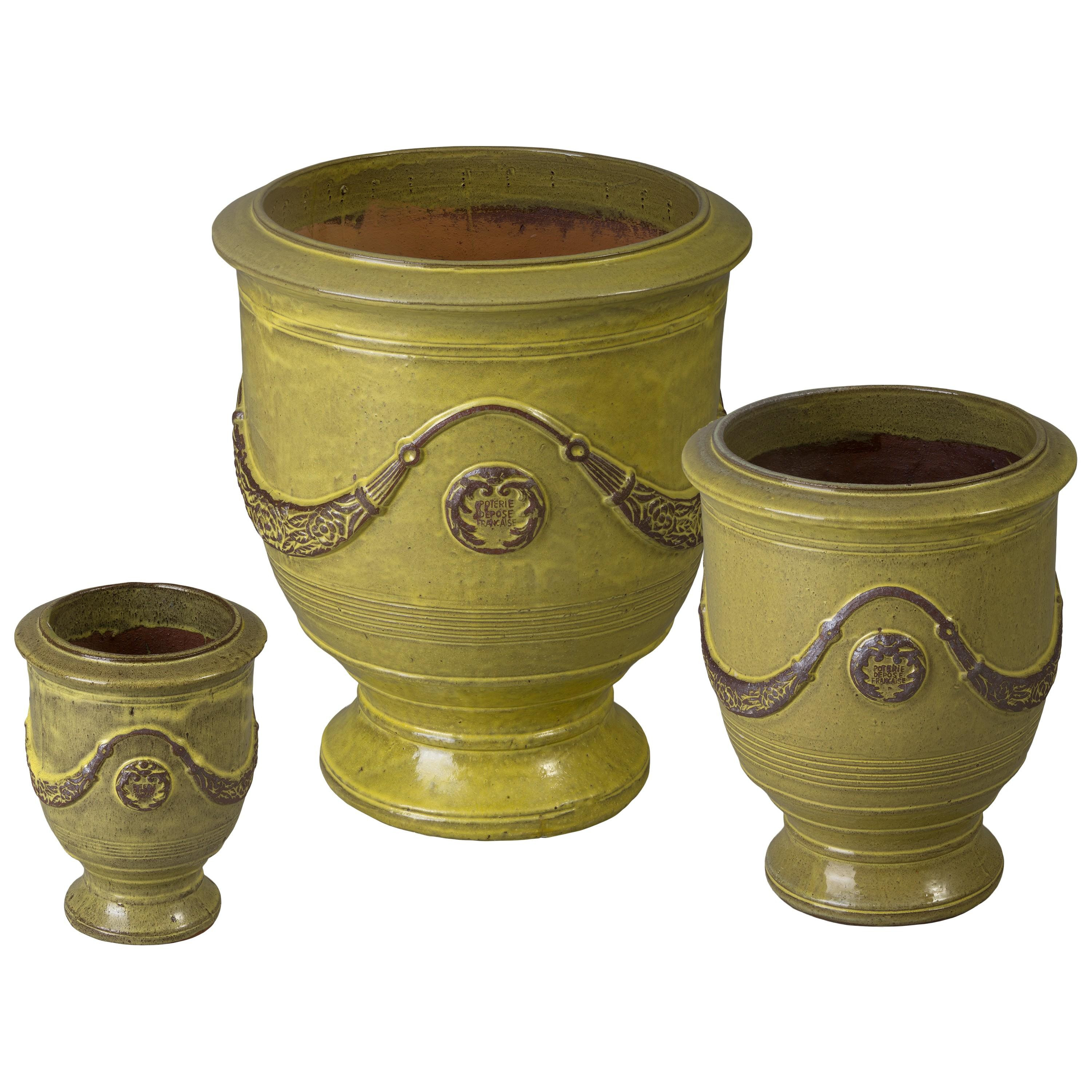 Anduze Set of 3 French Yellow Ceramic Planters