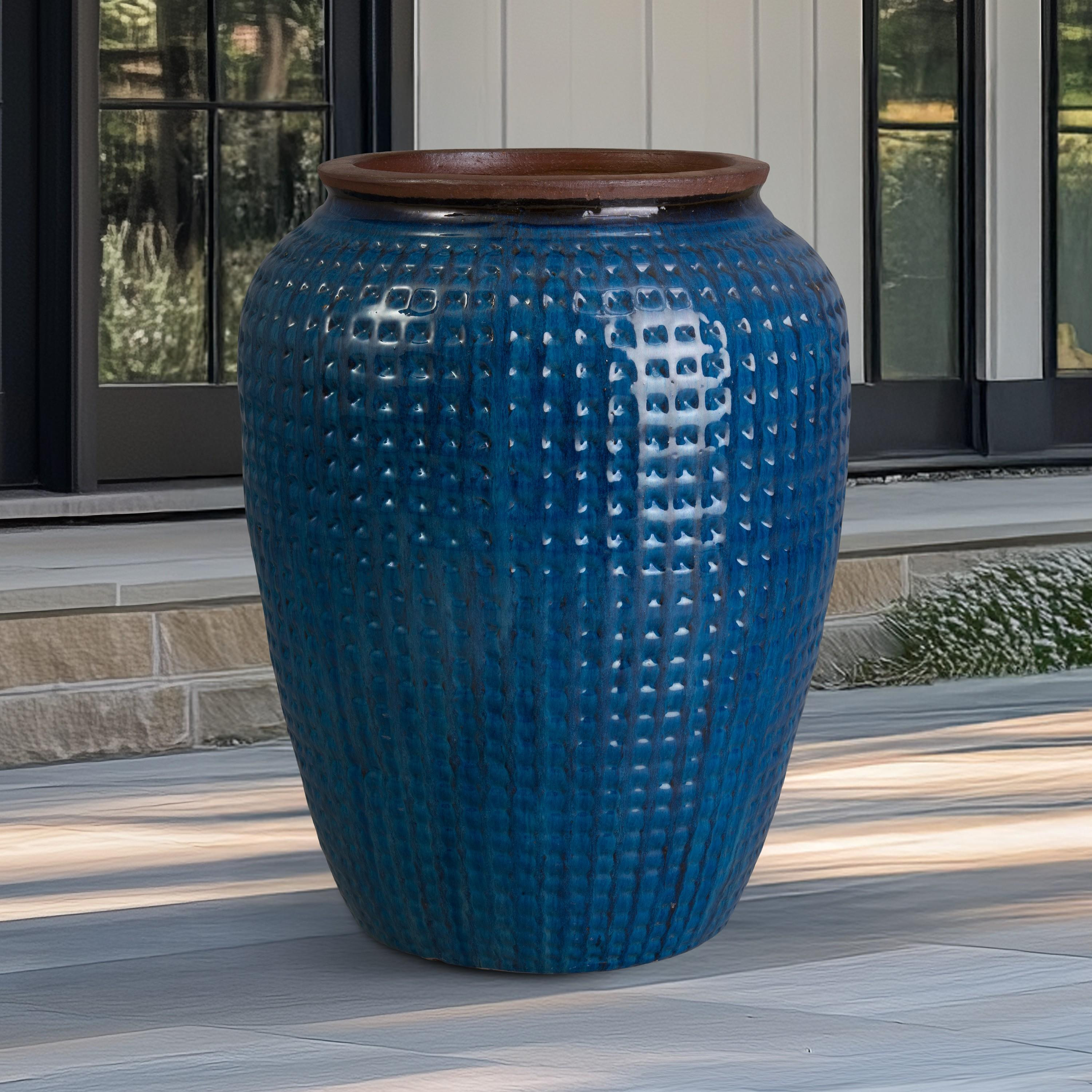 Waffle 32 in. Blue Ceramic Jar