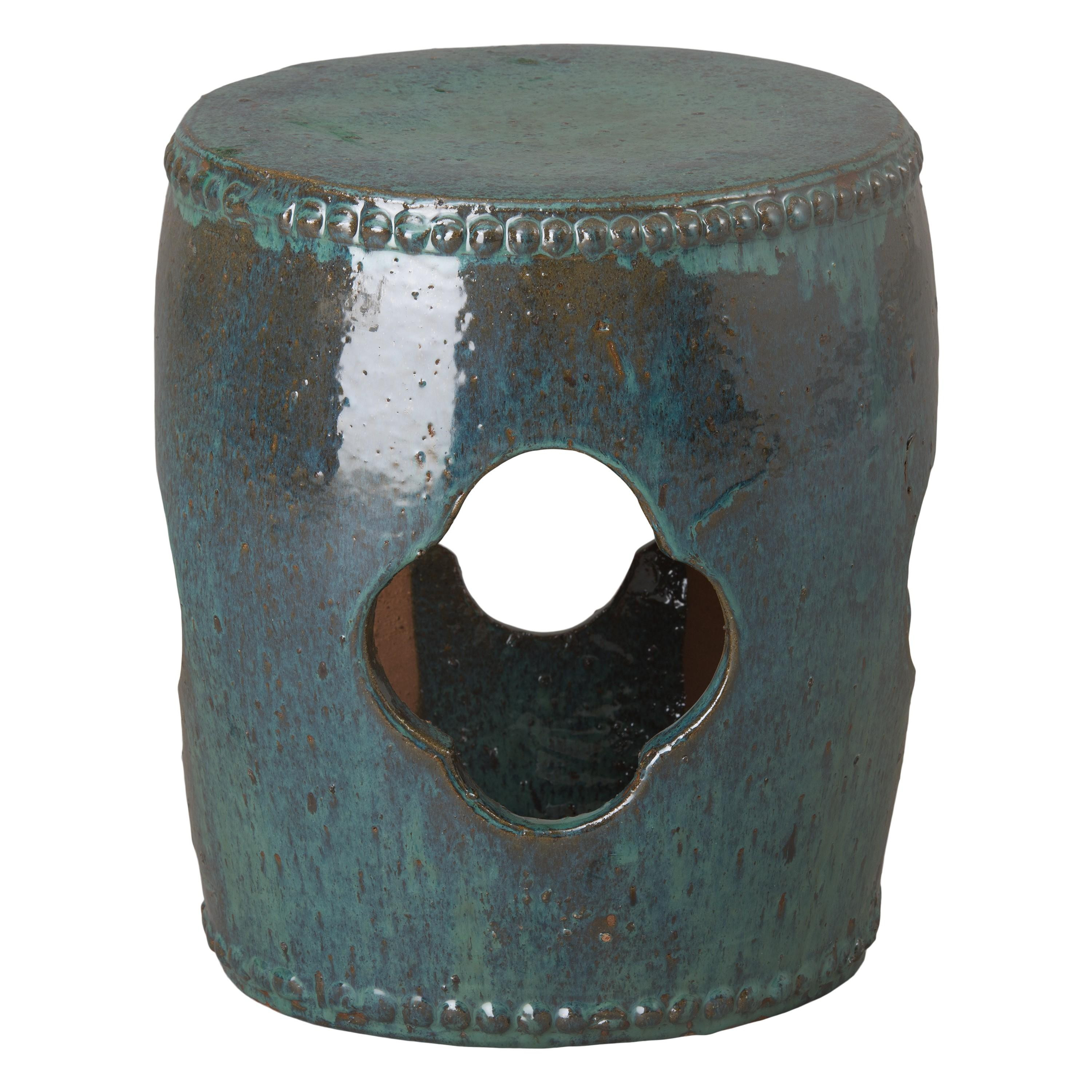 19 in. Chain of Studs Teal Ceramic Garden Stool