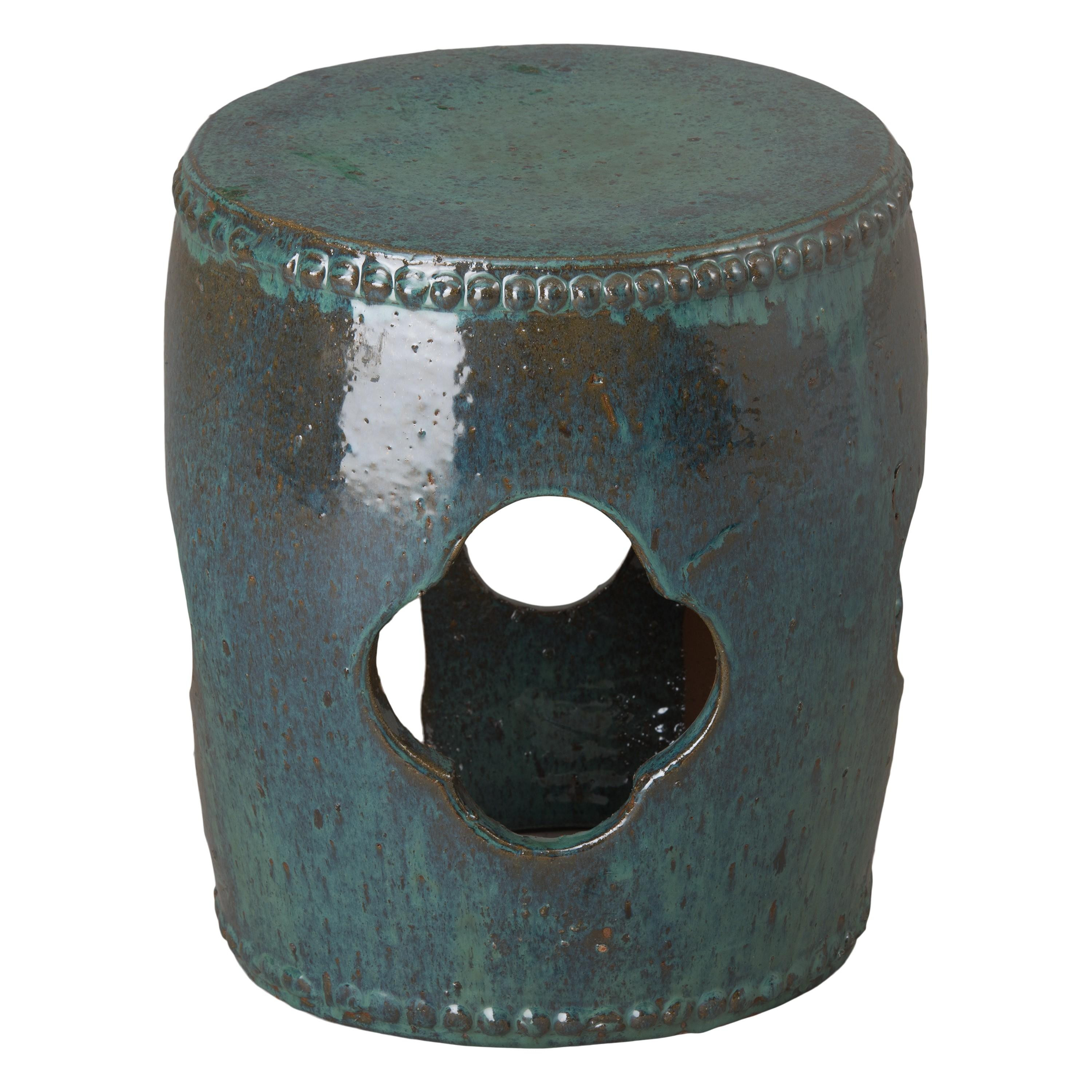 19 in. Chain of Studs Teal Ceramic Garden Stool