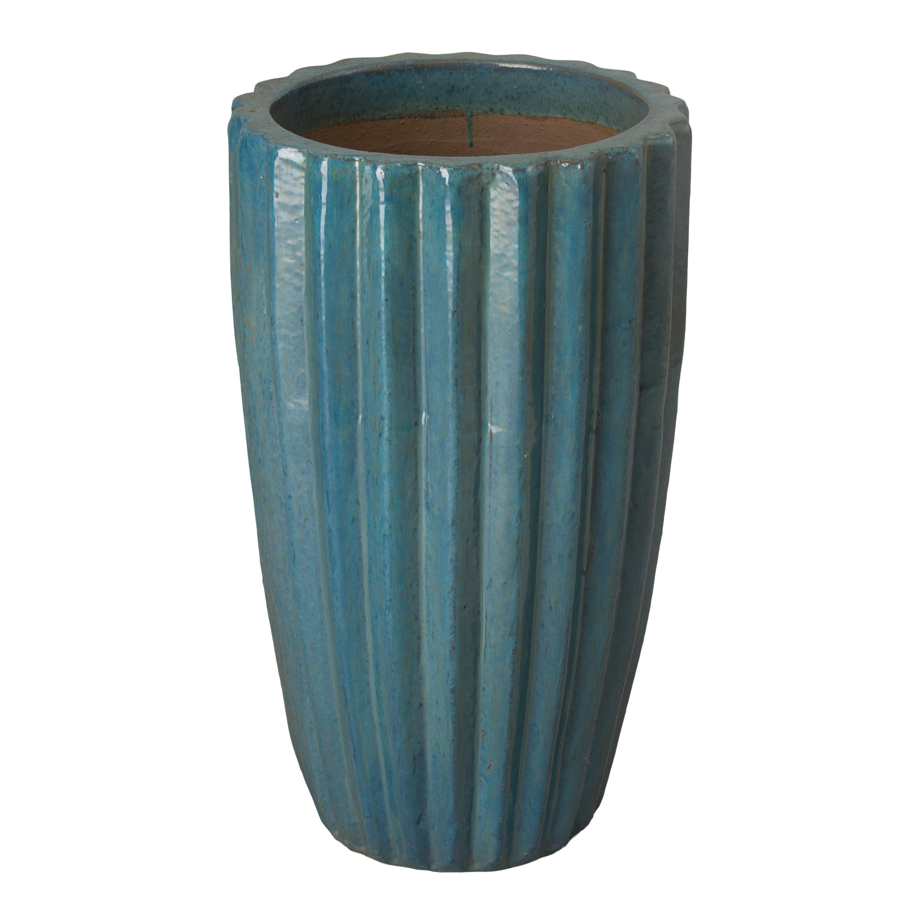29 in. Tall Round Ridge Pot with a Teal Glaze