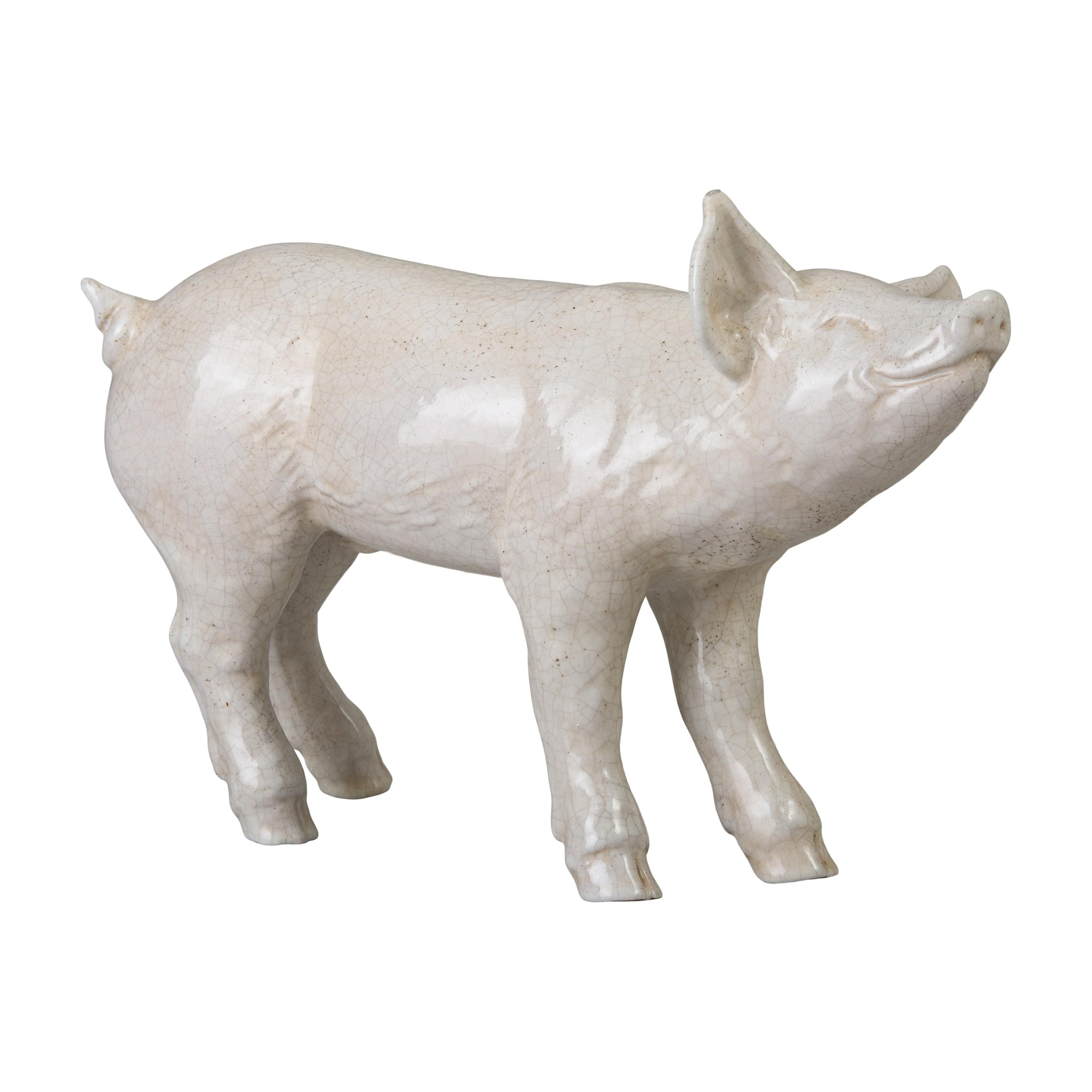 Pig 14 in. H White Crackle Ceramic Statue