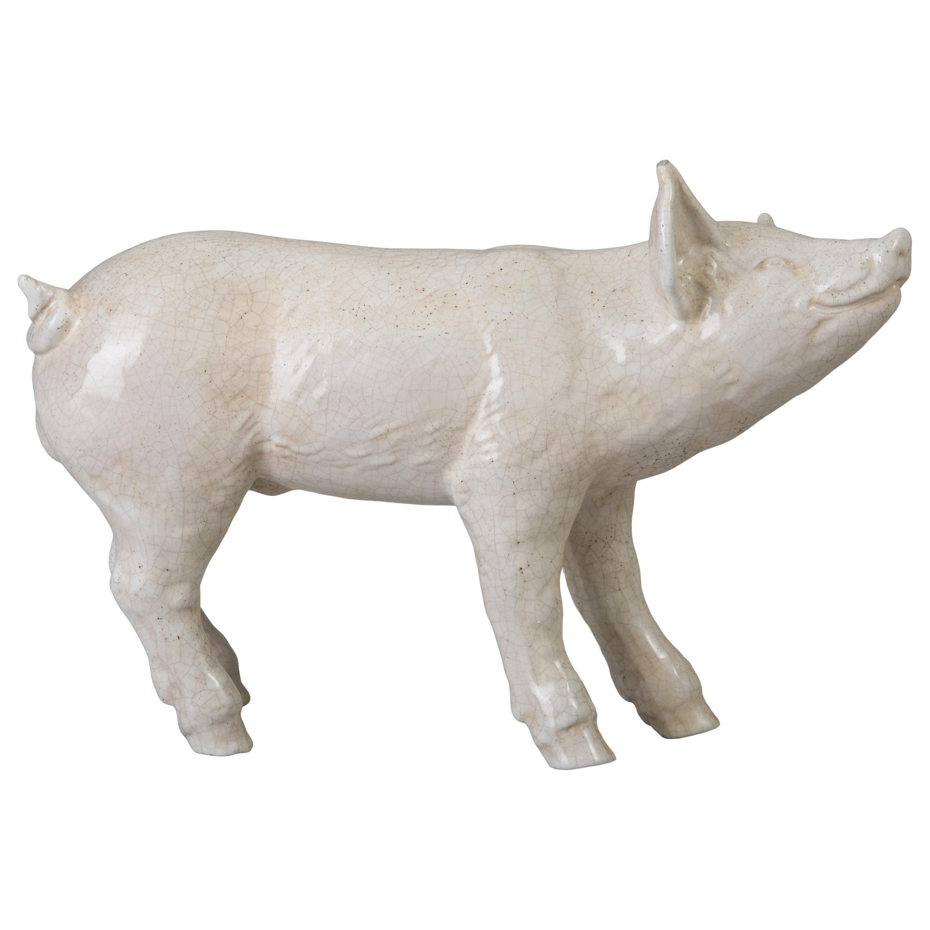 Pig 14 in. H White Crackle Ceramic Statue