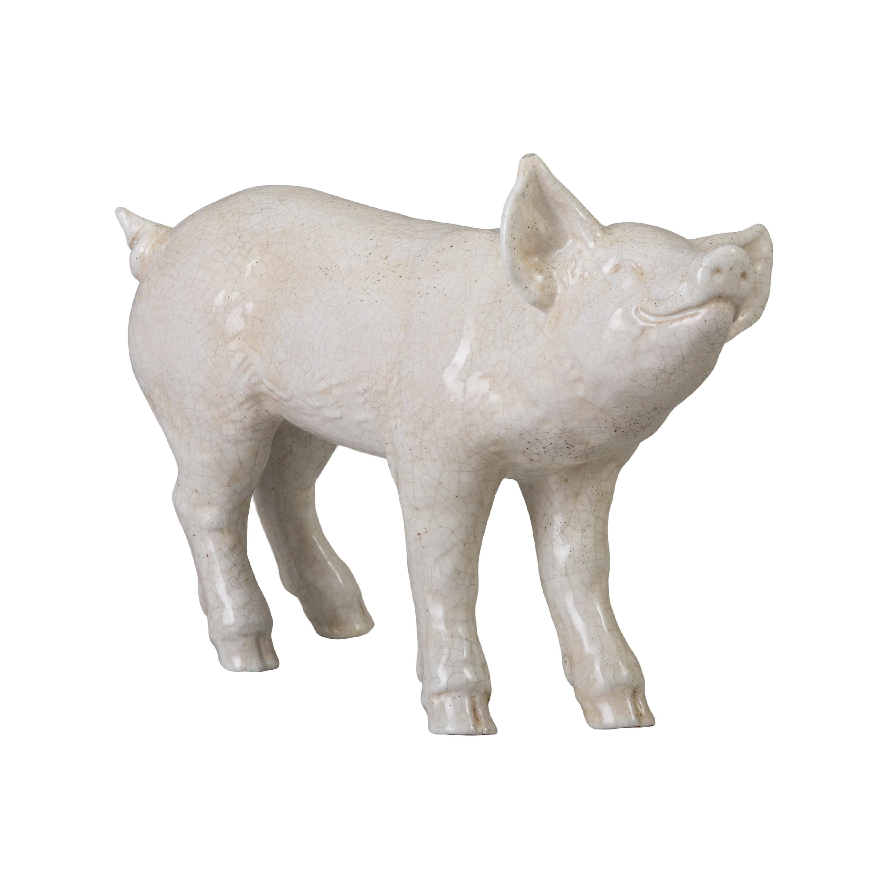 Pig 14 in. H White Crackle Ceramic Statue