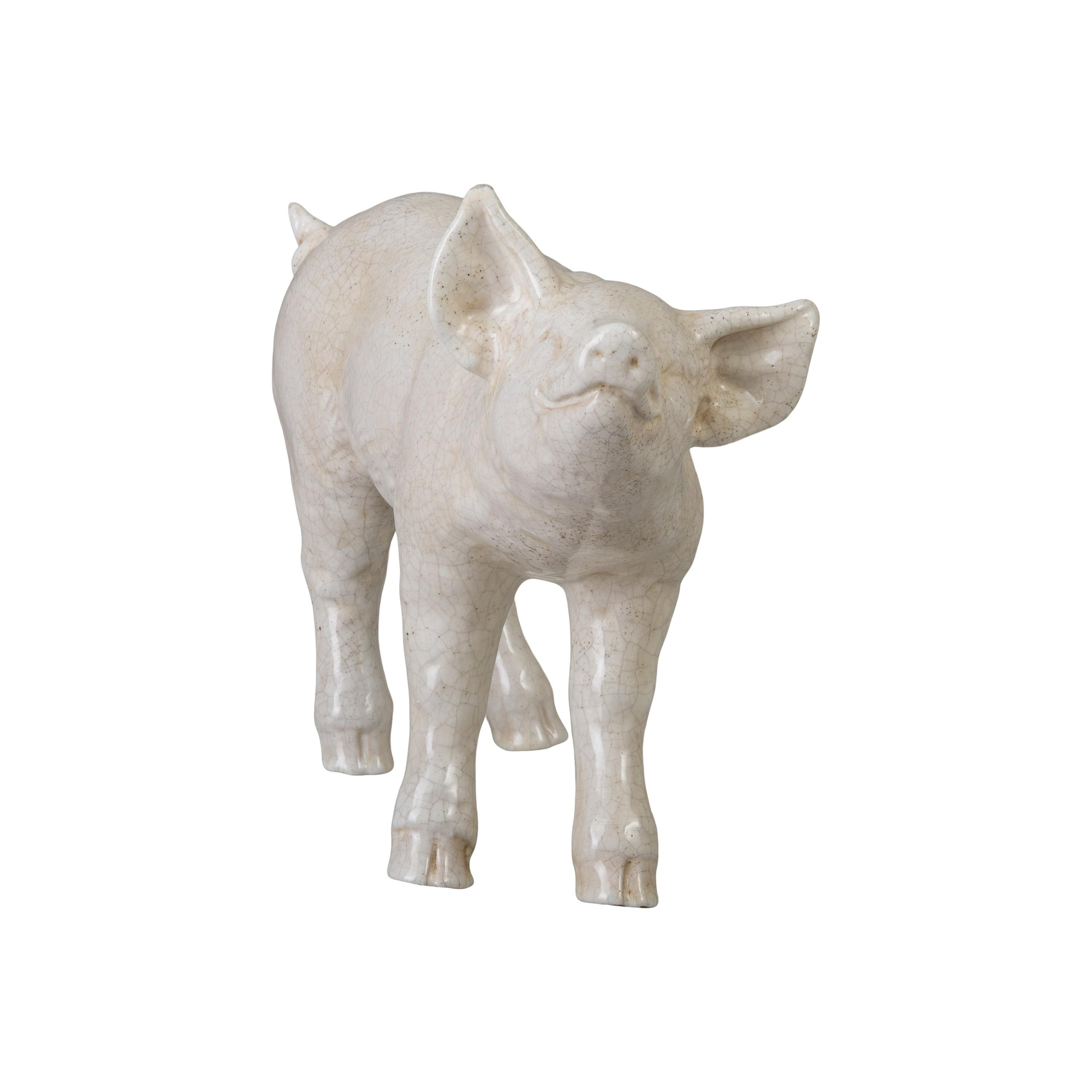 Pig 14 in. H White Crackle Ceramic Statue